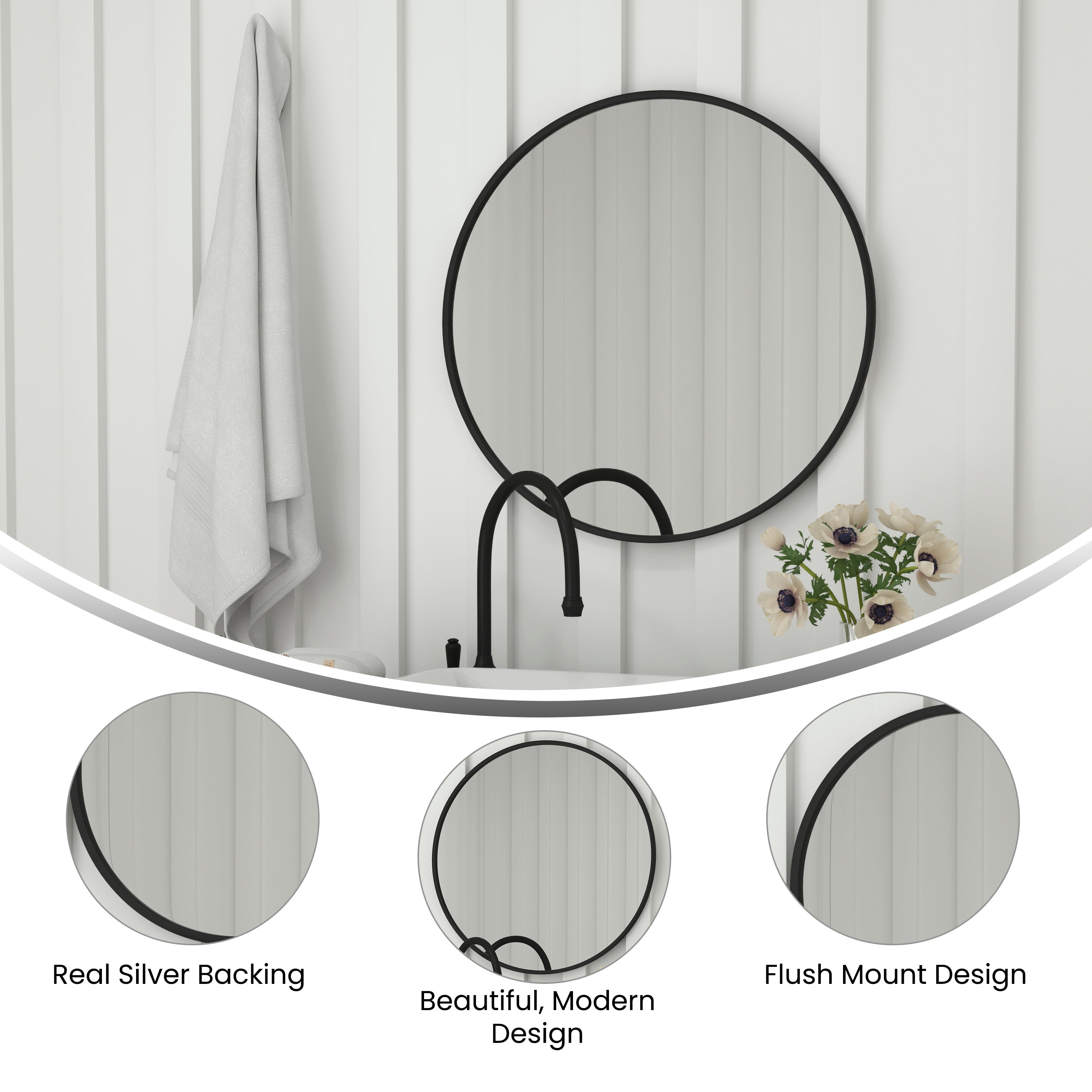 Julianne 30" Round Black Metal Framed Wall Mirror - Large Accent Mirror for Bathroom, Vanity, Entryway, Dining Room, & Living Room