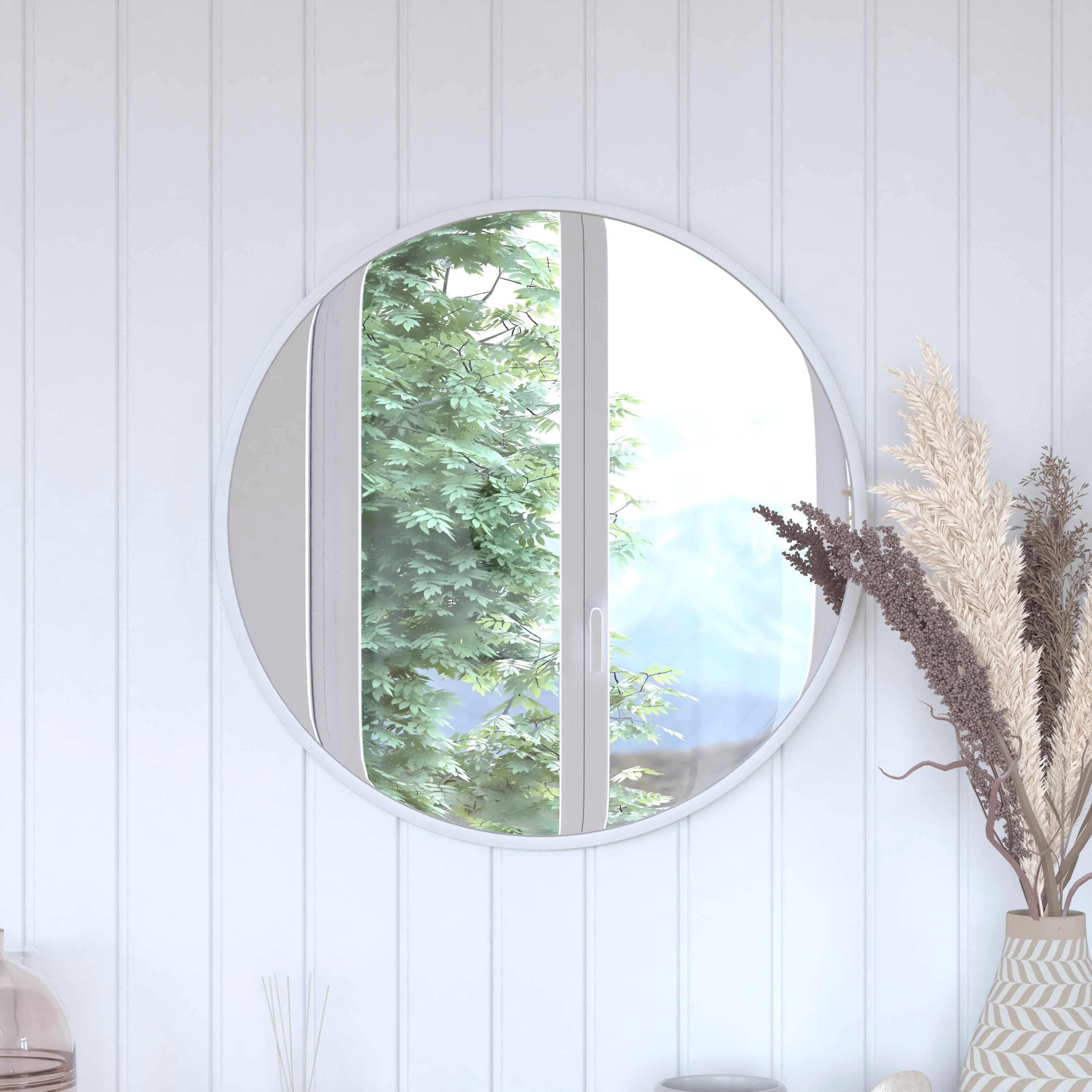 Julianne 24" Round Silver Metal Framed Wall Mirror - Large Accent Mirror for Bathroom, Vanity, Entryway, Dining Room, & Living Room