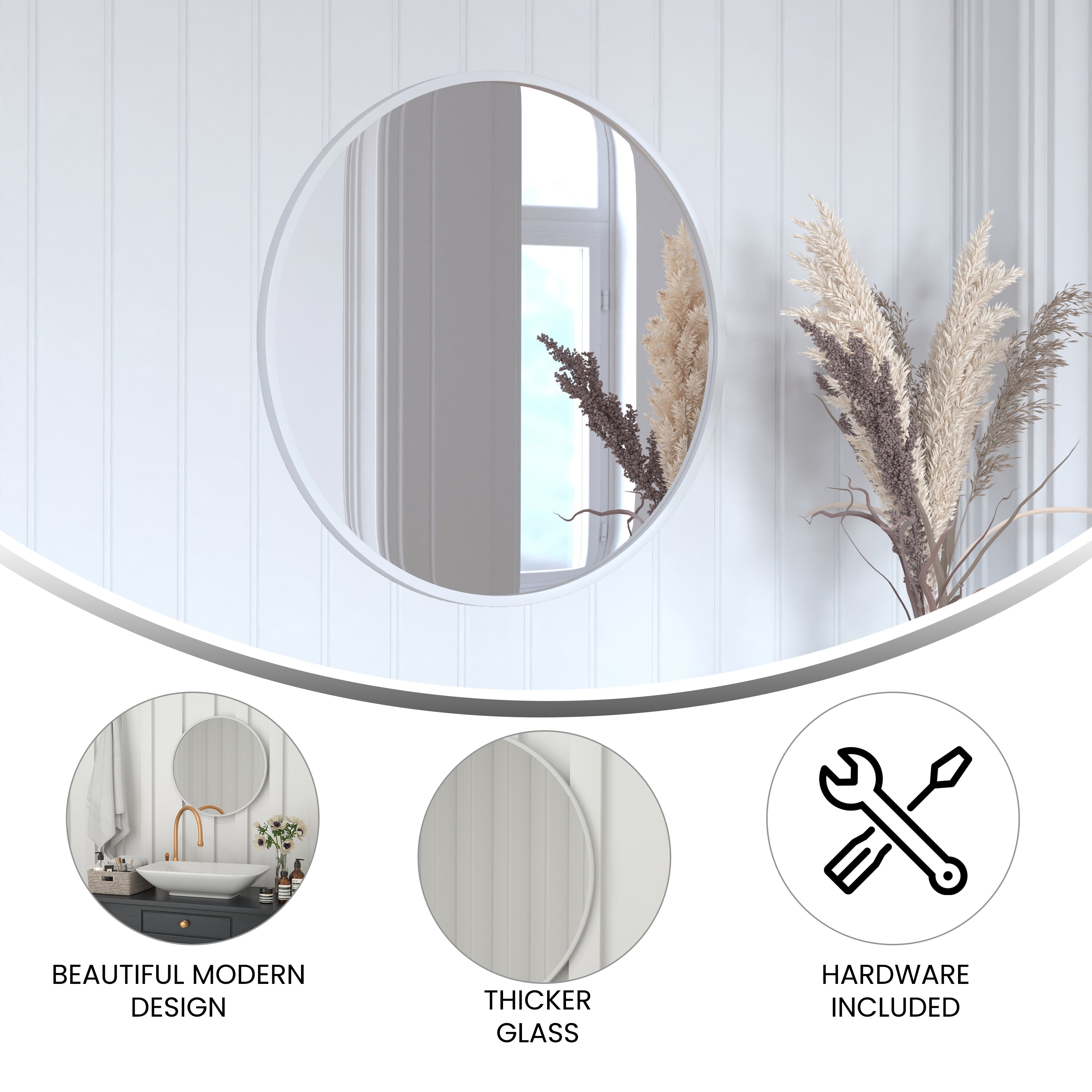 Julianne 24" Round Silver Metal Framed Wall Mirror - Large Accent Mirror for Bathroom, Vanity, Entryway, Dining Room, & Living Room