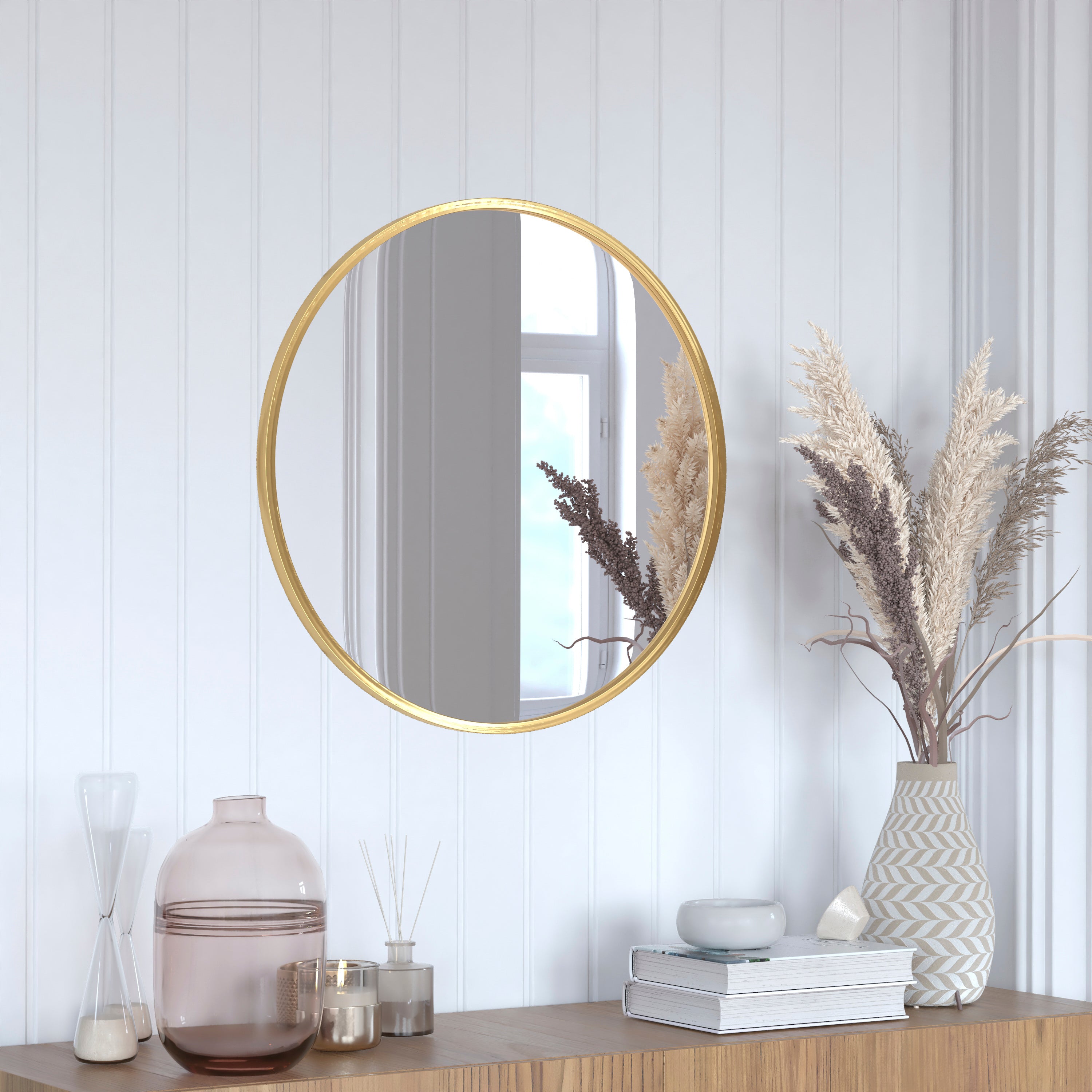 Julianne 24" Round Gold Metal Framed Wall Mirror - Large Accent Mirror for Bathroom, Vanity, Entryway, Dining Room, & Living Room