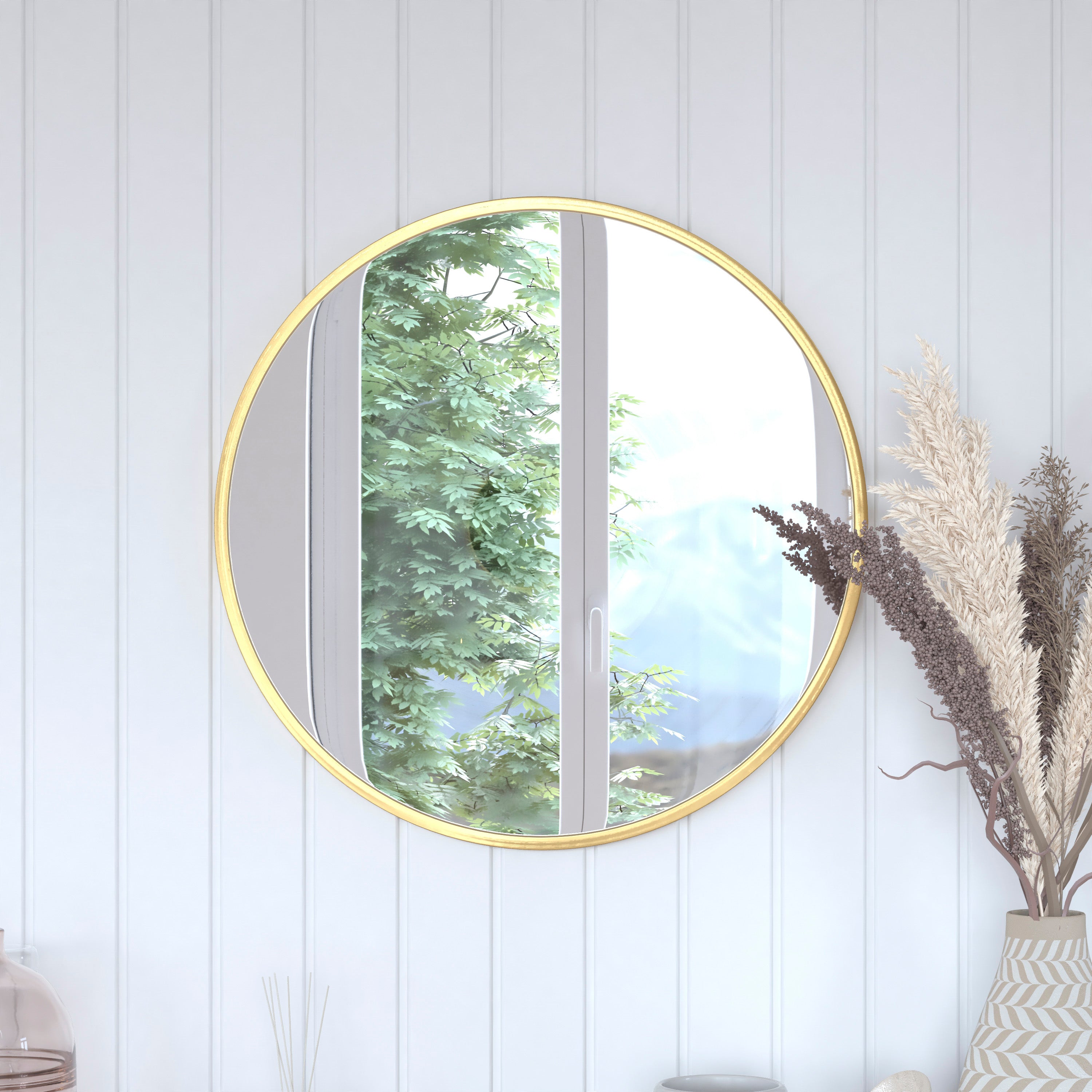Julianne 24" Round Gold Metal Framed Wall Mirror - Large Accent Mirror for Bathroom, Vanity, Entryway, Dining Room, & Living Room