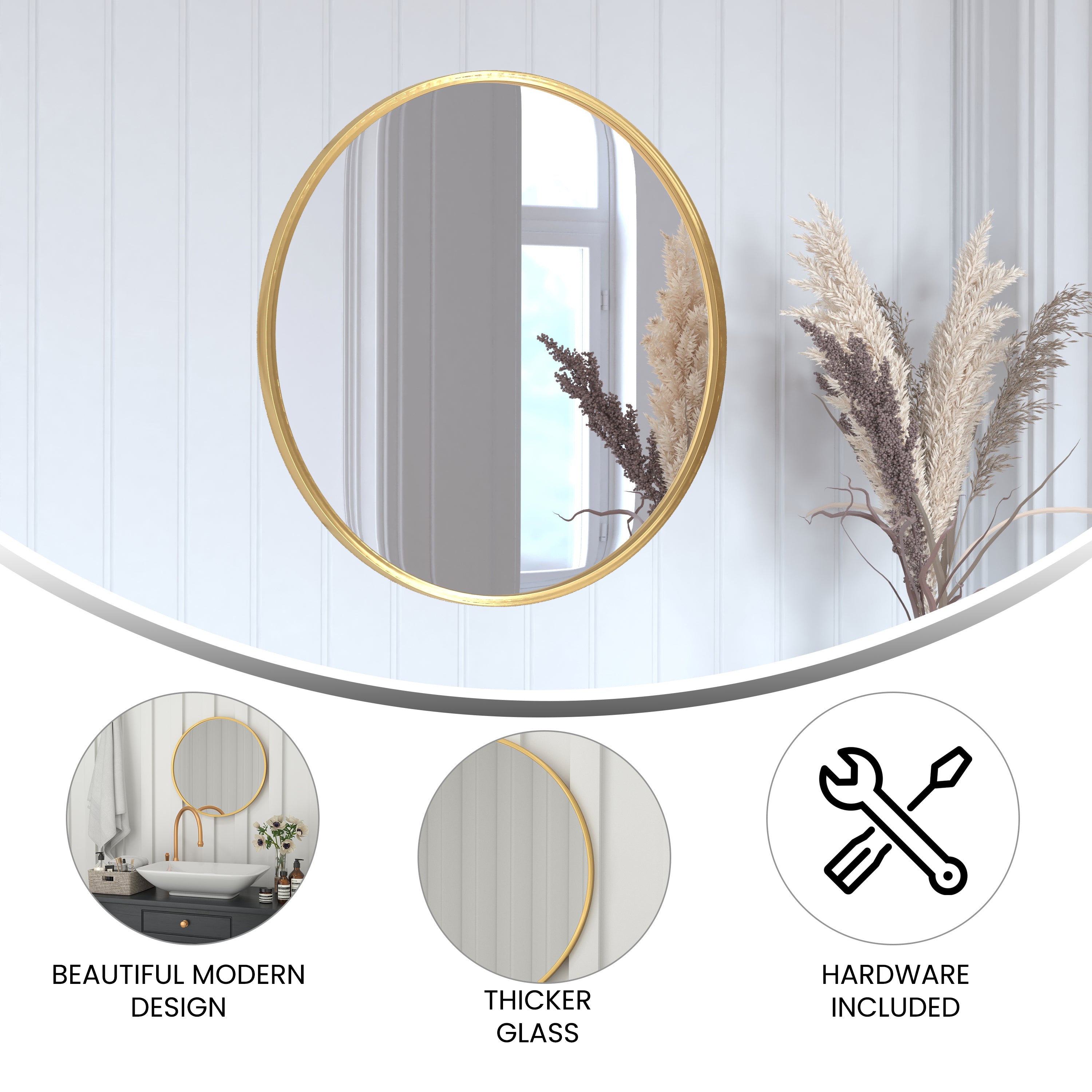 Julianne 24" Round Gold Metal Framed Wall Mirror - Large Accent Mirror for Bathroom, Vanity, Entryway, Dining Room, & Living Room