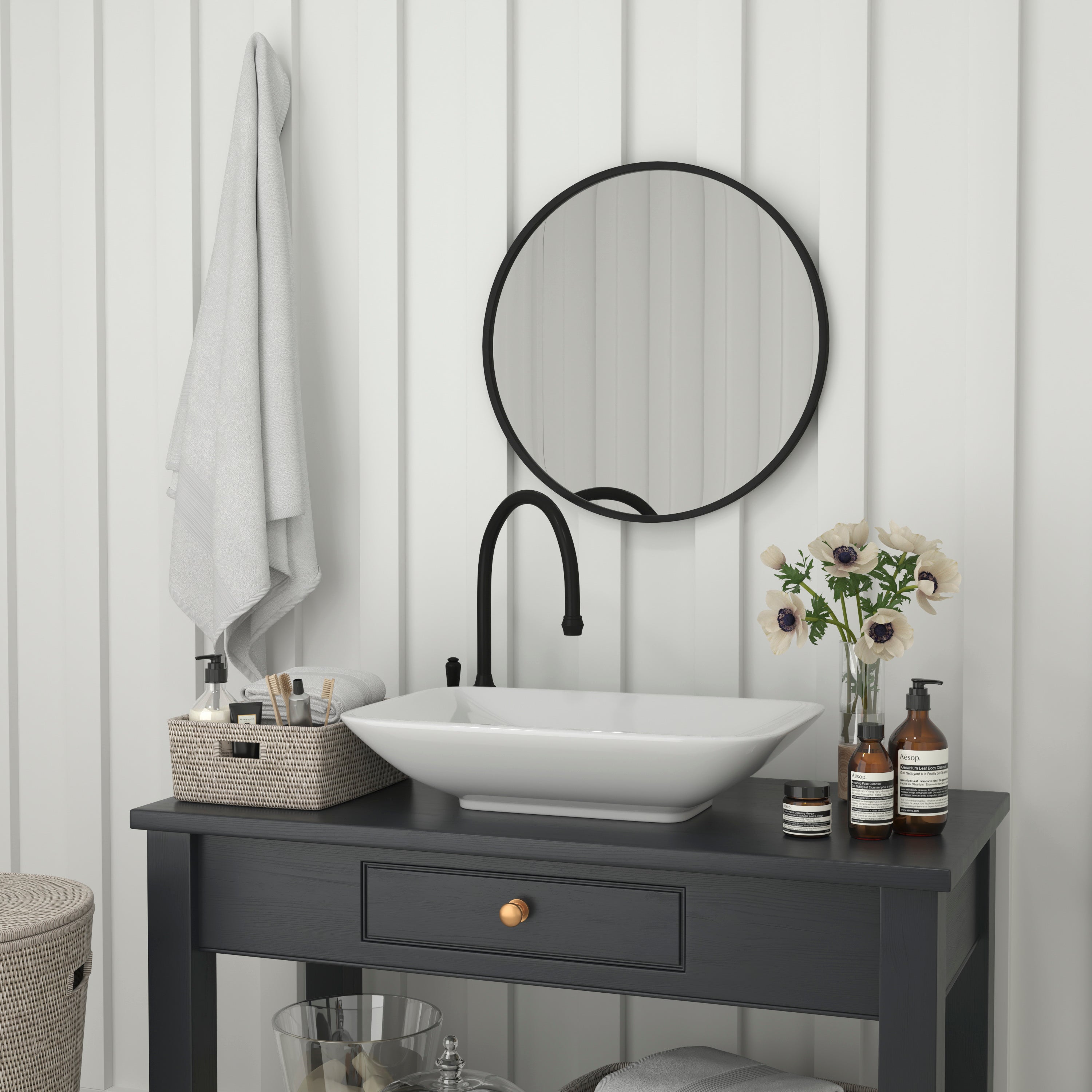 Julianne 24" Round Black Metal Framed Wall Mirror - Large Accent Mirror for Bathroom, Vanity, Entryway, Dining Room, & Living Room