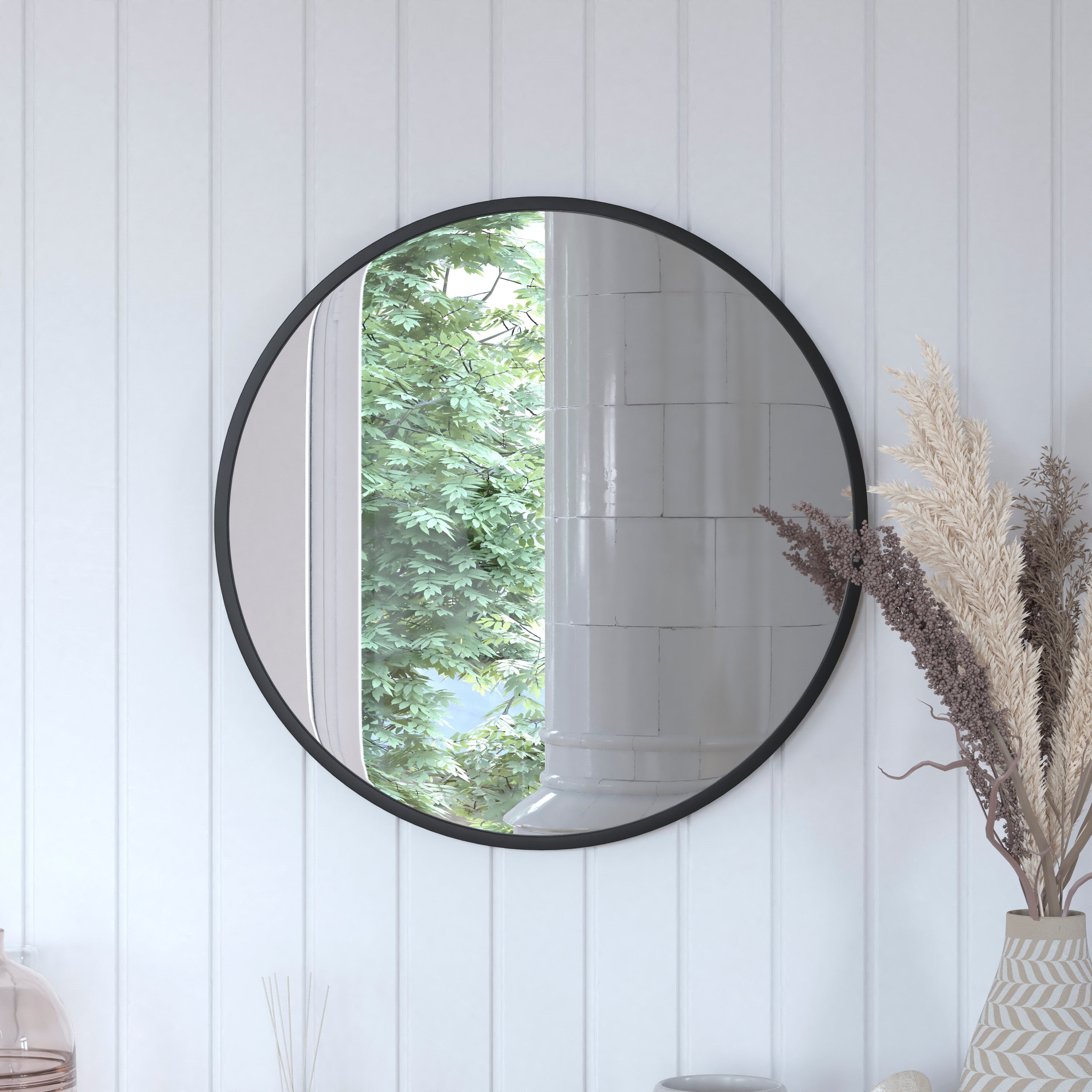 Julianne 24" Round Black Metal Framed Wall Mirror - Large Accent Mirror for Bathroom, Vanity, Entryway, Dining Room, & Living Room