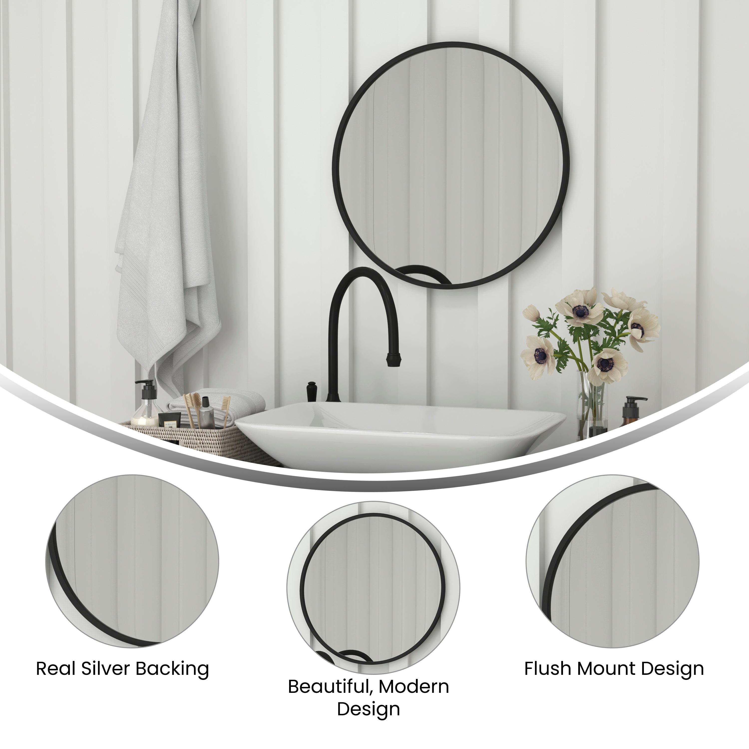 Julianne 24" Round Black Metal Framed Wall Mirror - Large Accent Mirror for Bathroom, Vanity, Entryway, Dining Room, & Living Room