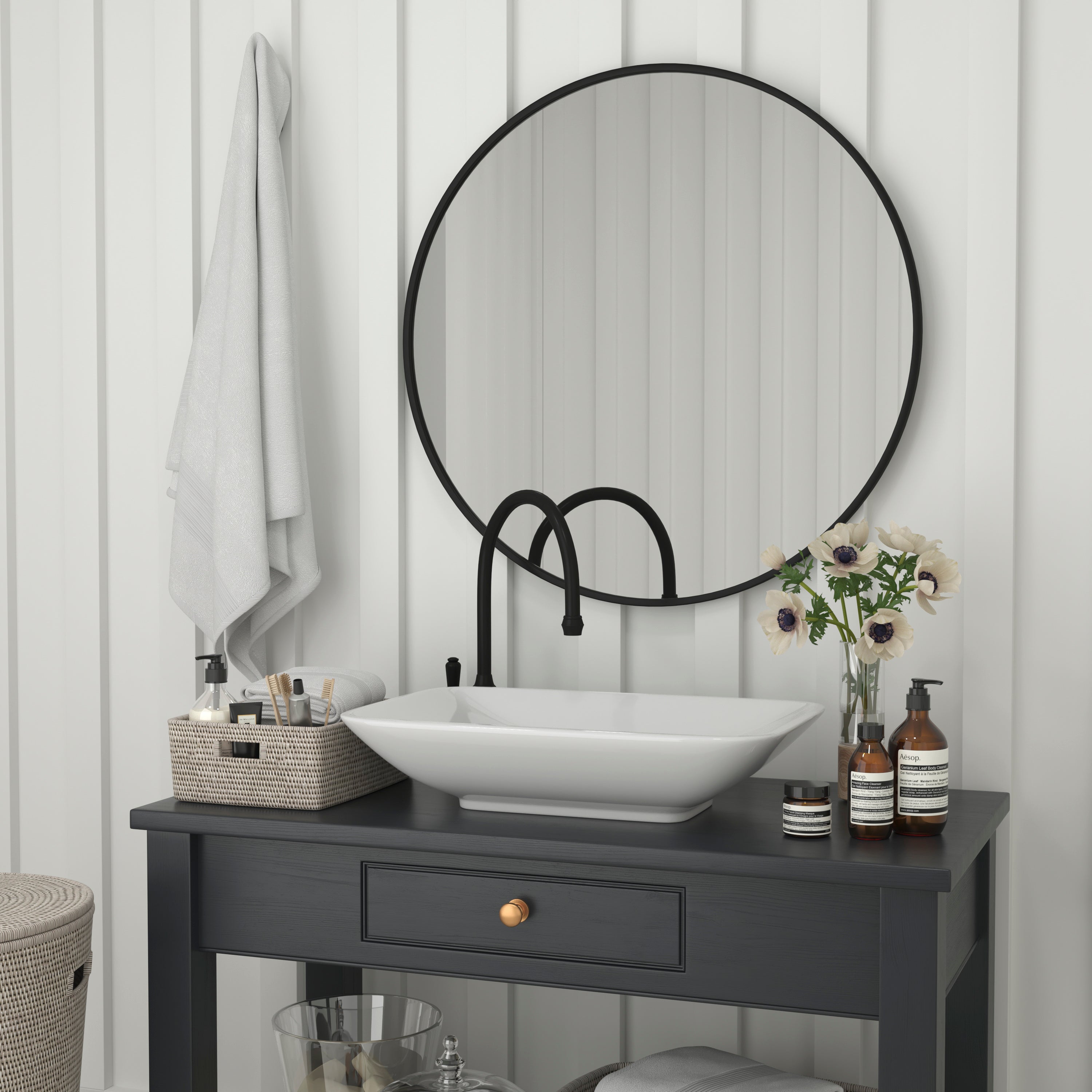 Julianne 36" Round Black Metal Framed Wall Mirror - Large Accent Mirror for Bathroom, Vanity, Entryway, Dining Room, & Living Room