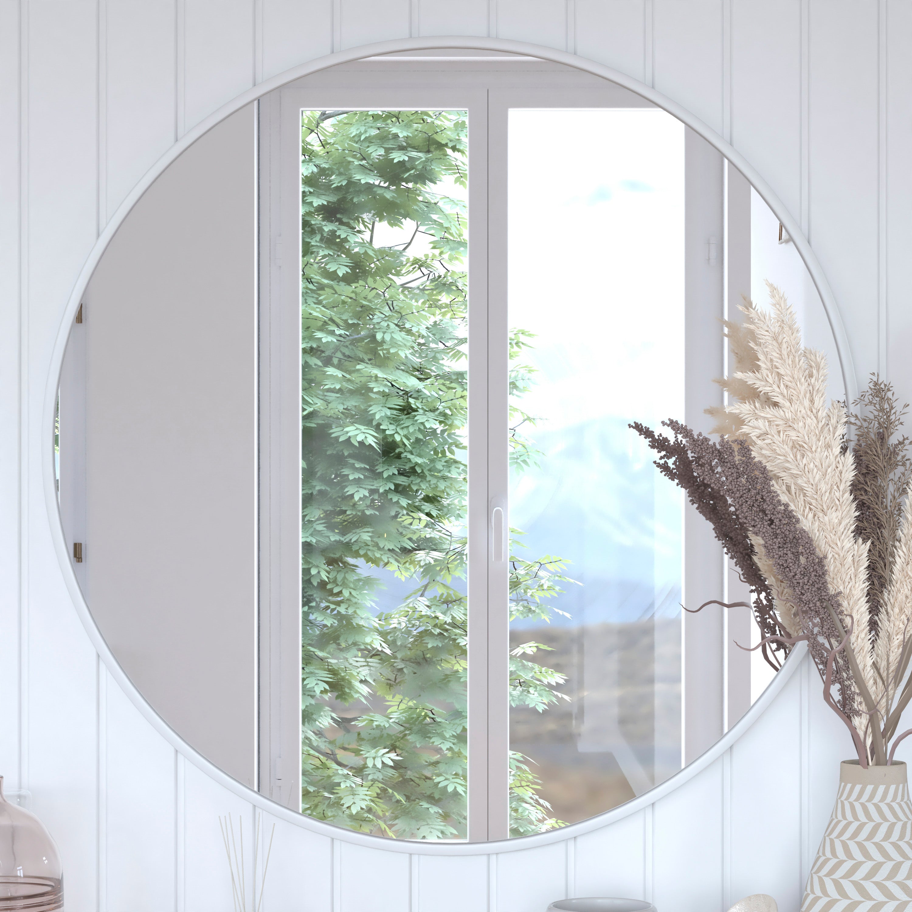 Julianne 36" Round Silver Metal Framed Wall Mirror - Large Accent Mirror for Bathroom, Vanity, Entryway, Dining Room, & Living Room