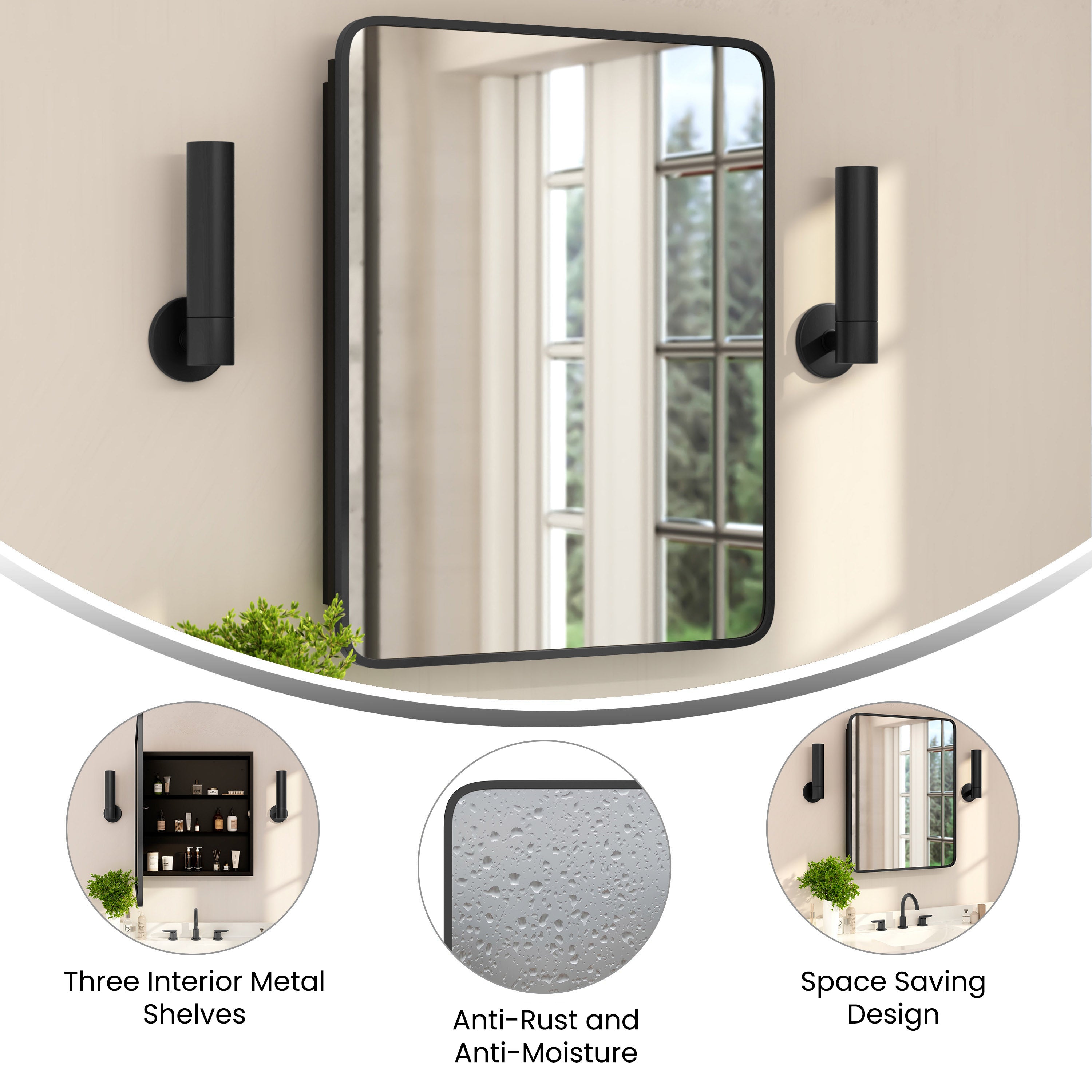 Jolie 24" x 30" Recessed Bathroom Medicine Cabinet with Rounded Beveled Mirror and Reversible Metal Frame in Black