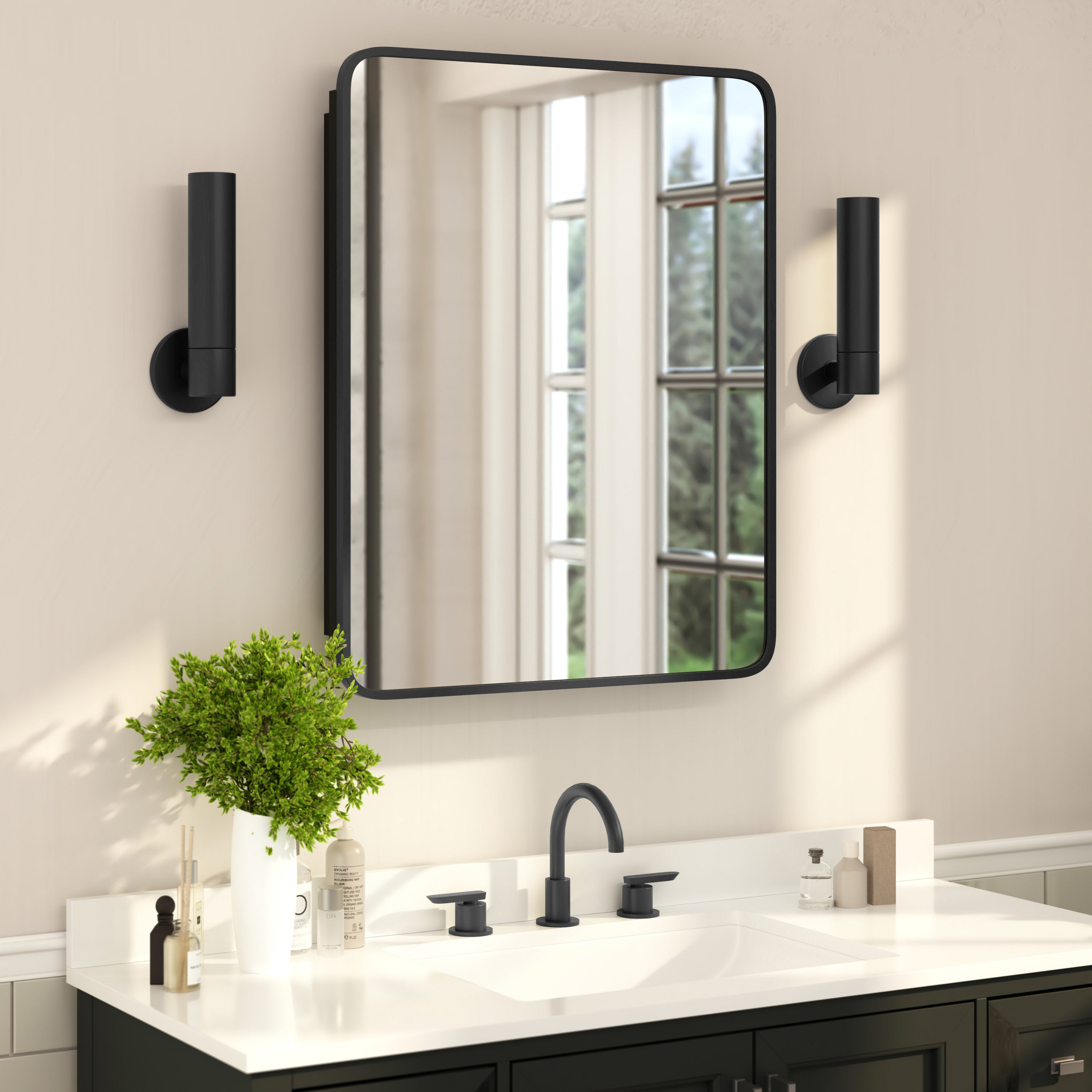 Jolie 24" x 30" Recessed Bathroom Medicine Cabinet with Rounded Beveled Mirror and Reversible Metal Frame in Black