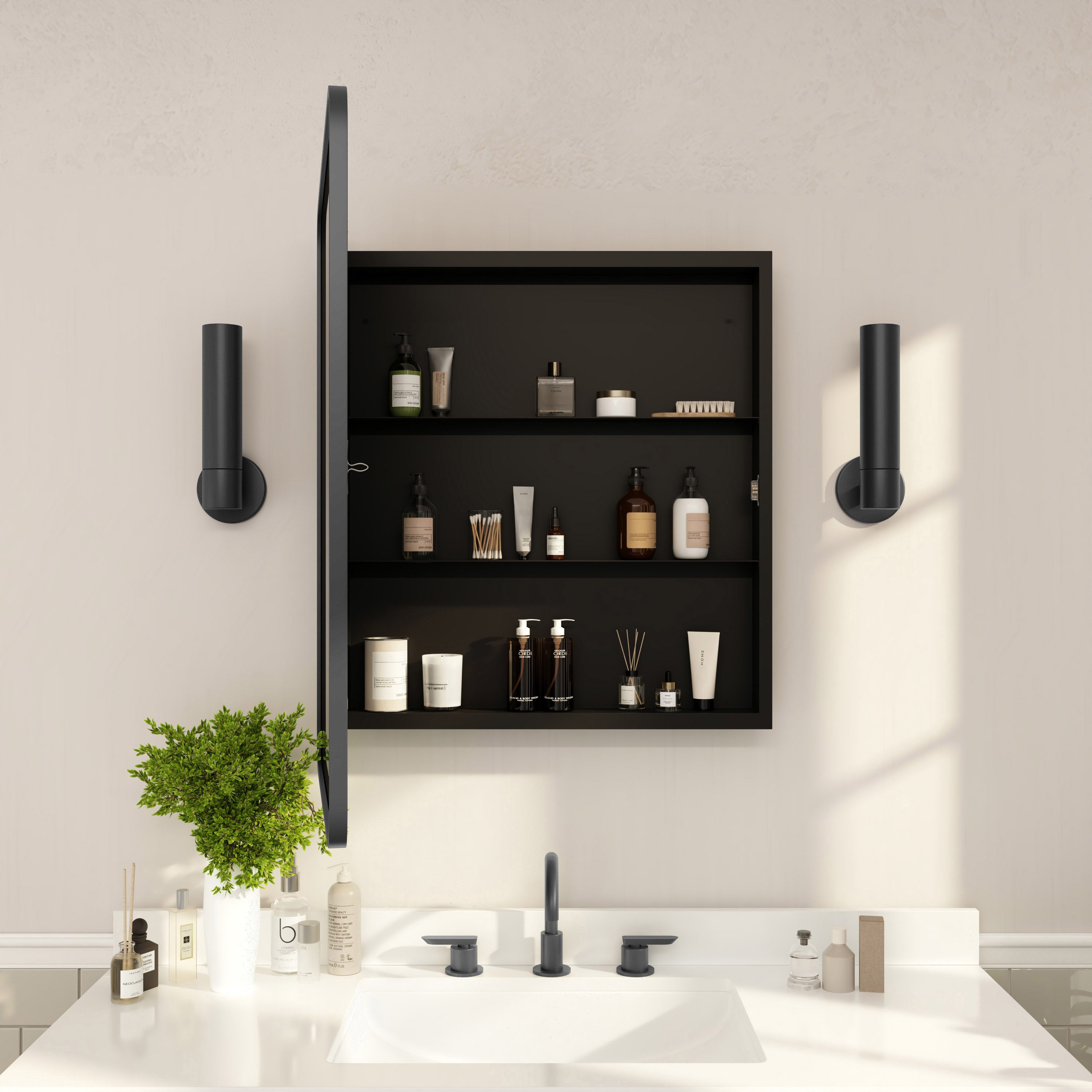 Jolie 24" x 30" Recessed Bathroom Medicine Cabinet with Rounded Beveled Mirror and Reversible Metal Frame in Black
