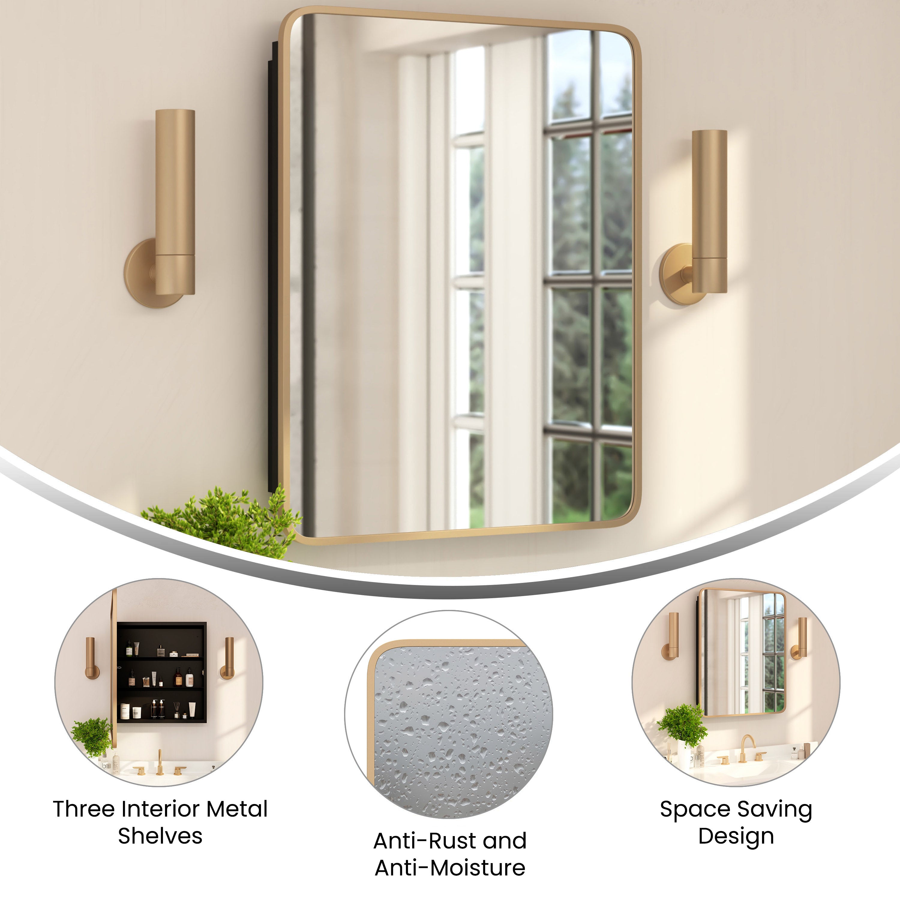 Jolie 24" x 30" Recessed Bathroom Medicine Cabinet with Rounded Beveled Mirror and Reversible Metal Frame in Gold