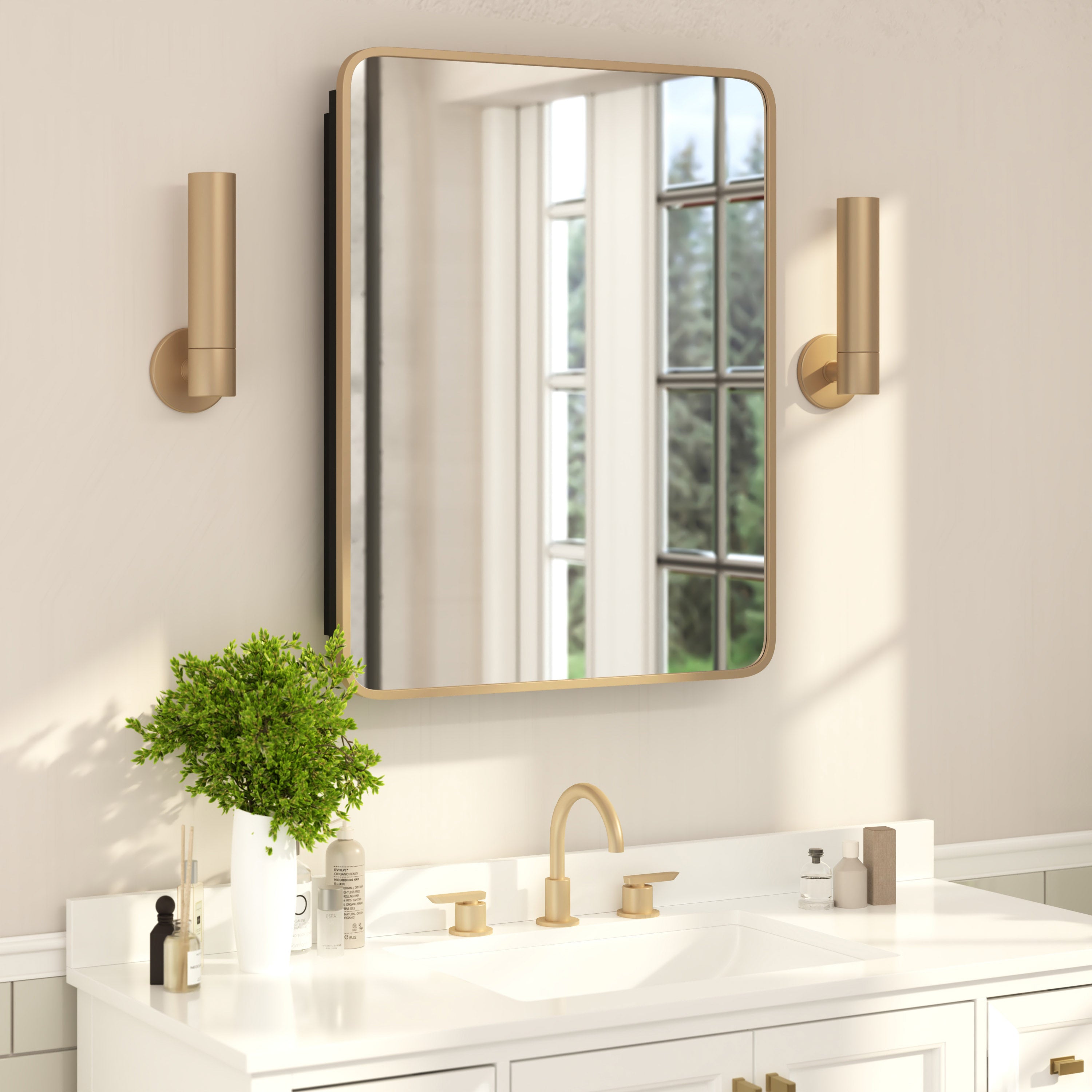 Jolie 24" x 30" Recessed Bathroom Medicine Cabinet with Rounded Beveled Mirror and Reversible Metal Frame in Gold