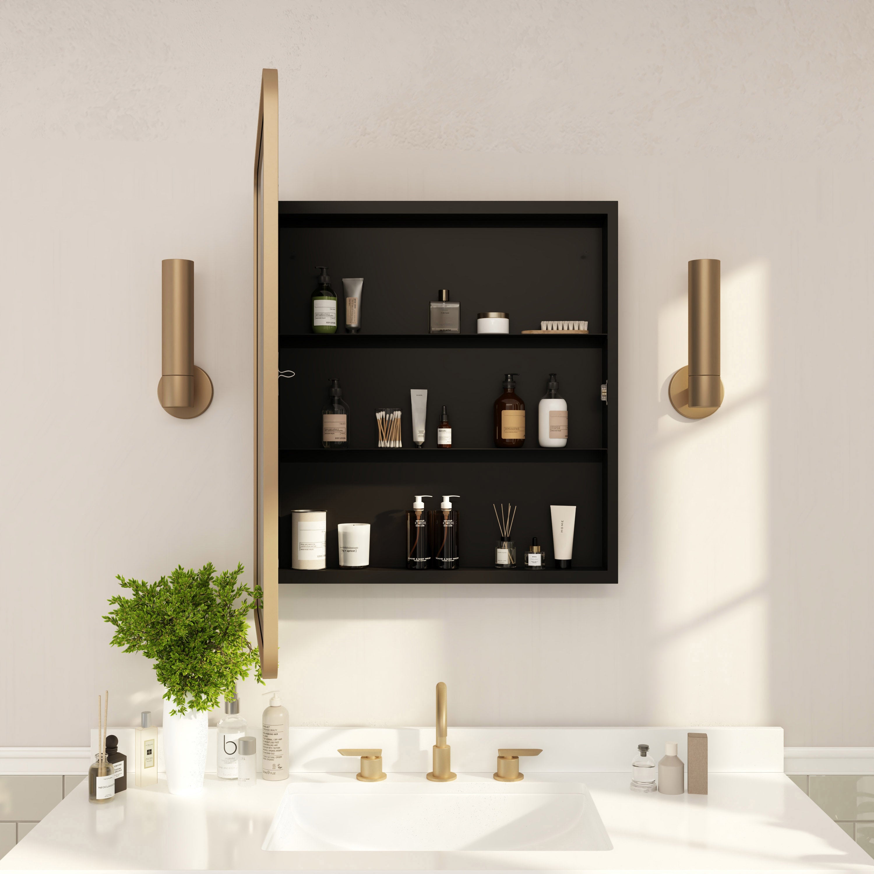 Jolie 24" x 30" Recessed Bathroom Medicine Cabinet with Rounded Beveled Mirror and Reversible Metal Frame in Gold