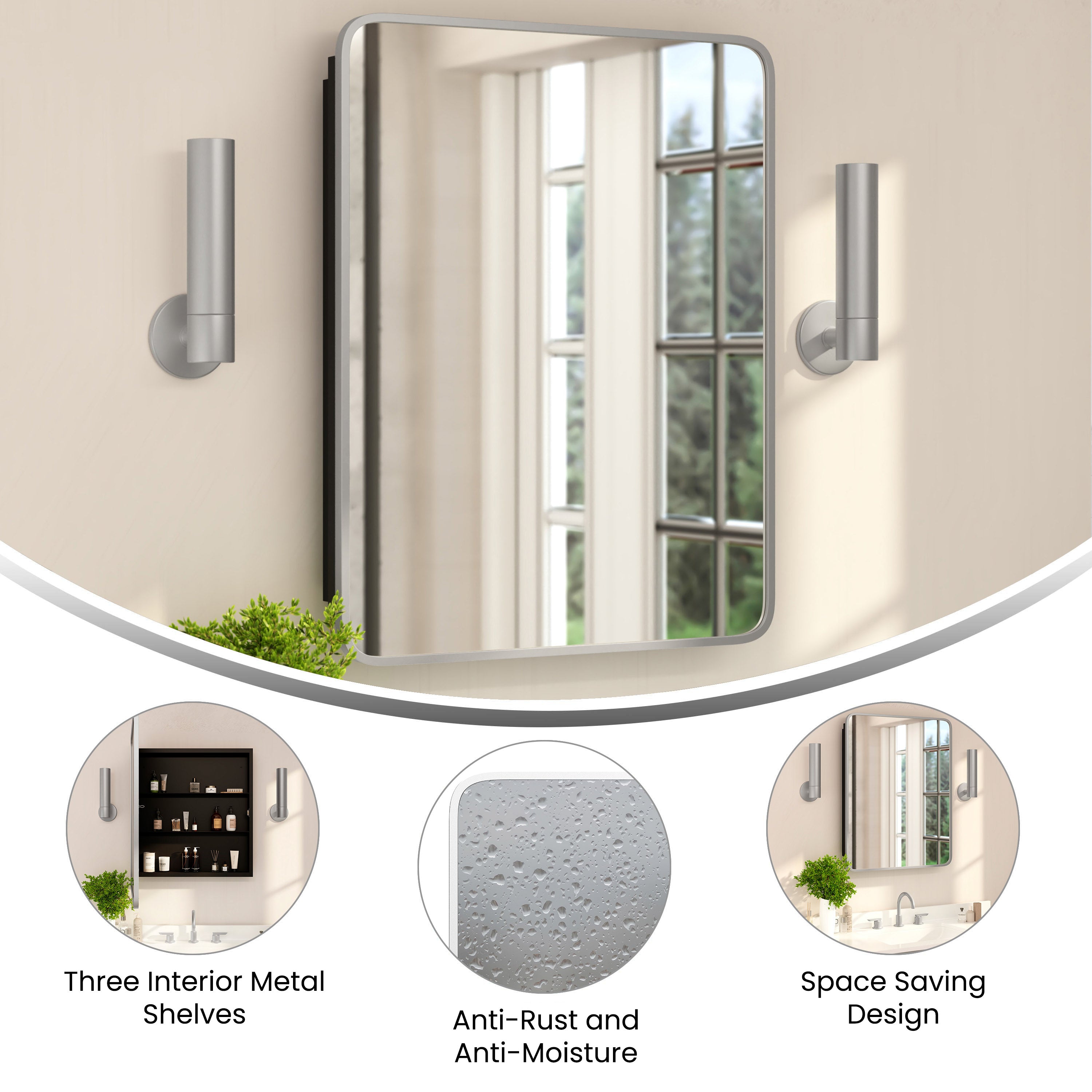 Jolie 24" x 30" Recessed Bathroom Medicine Cabinet with Rounded Beveled Mirror and Reversible Metal Frame in Silver