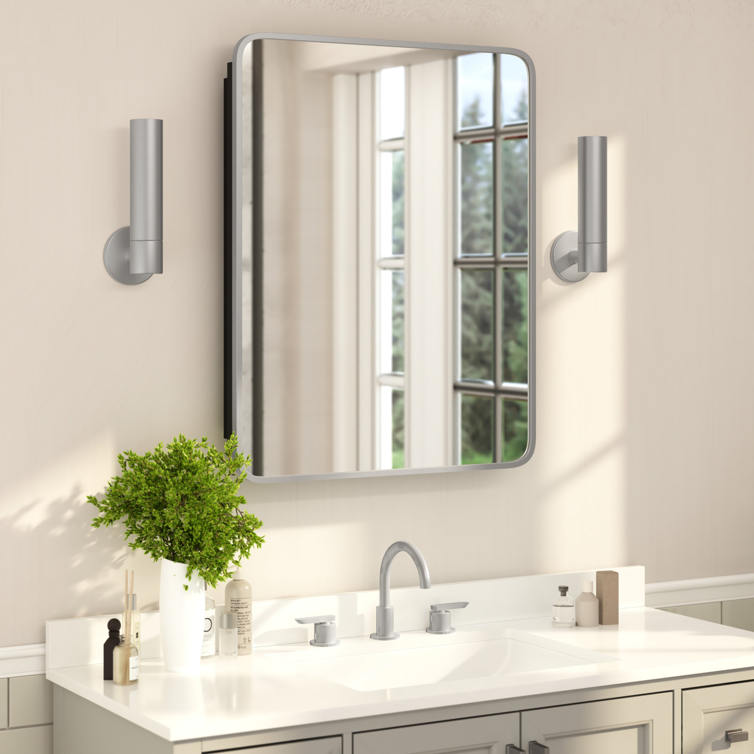 Jolie 24" x 30" Recessed Bathroom Medicine Cabinet with Rounded Beveled Mirror and Reversible Metal Frame in Silver