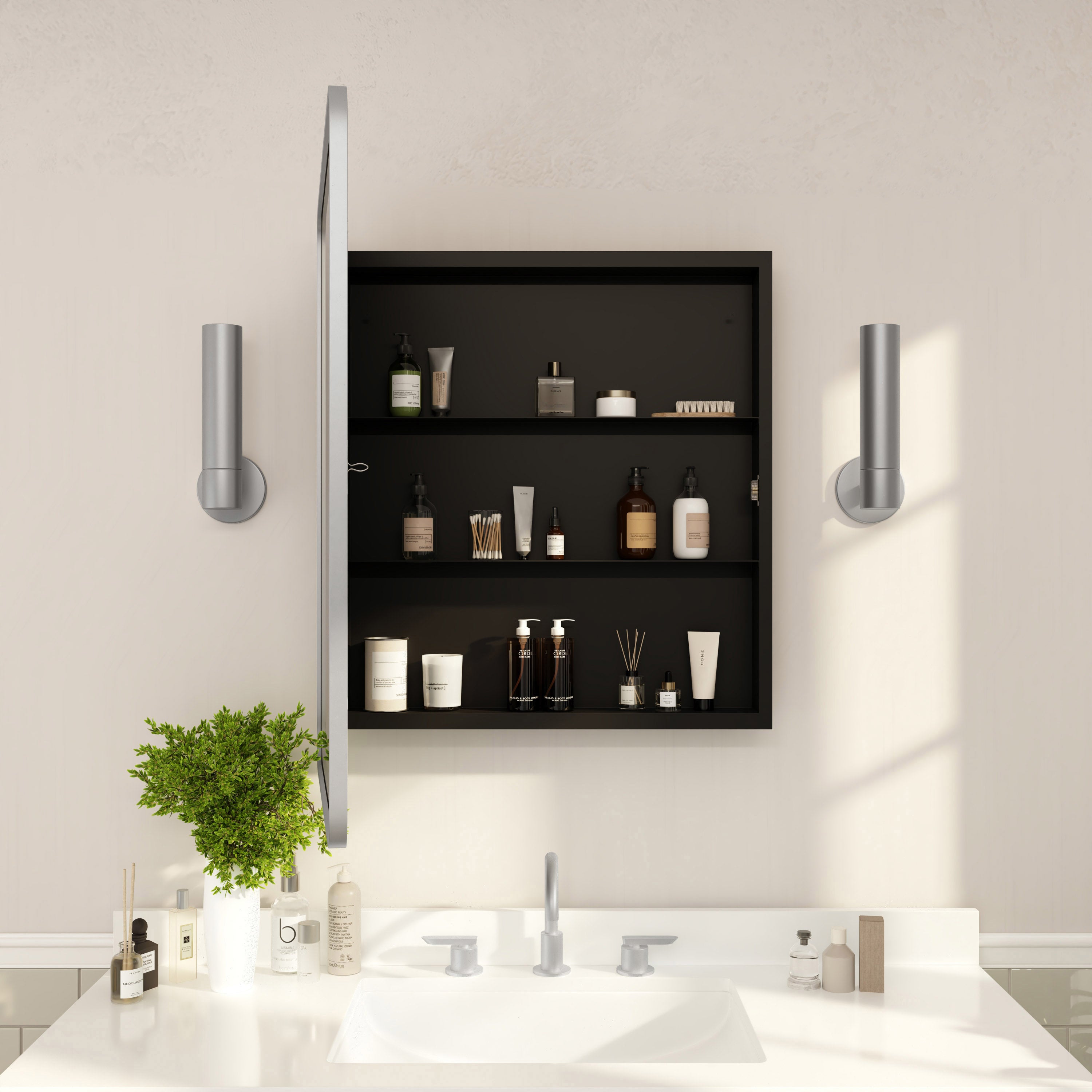 Jolie 24" x 30" Recessed Bathroom Medicine Cabinet with Rounded Beveled Mirror and Reversible Metal Frame in Silver