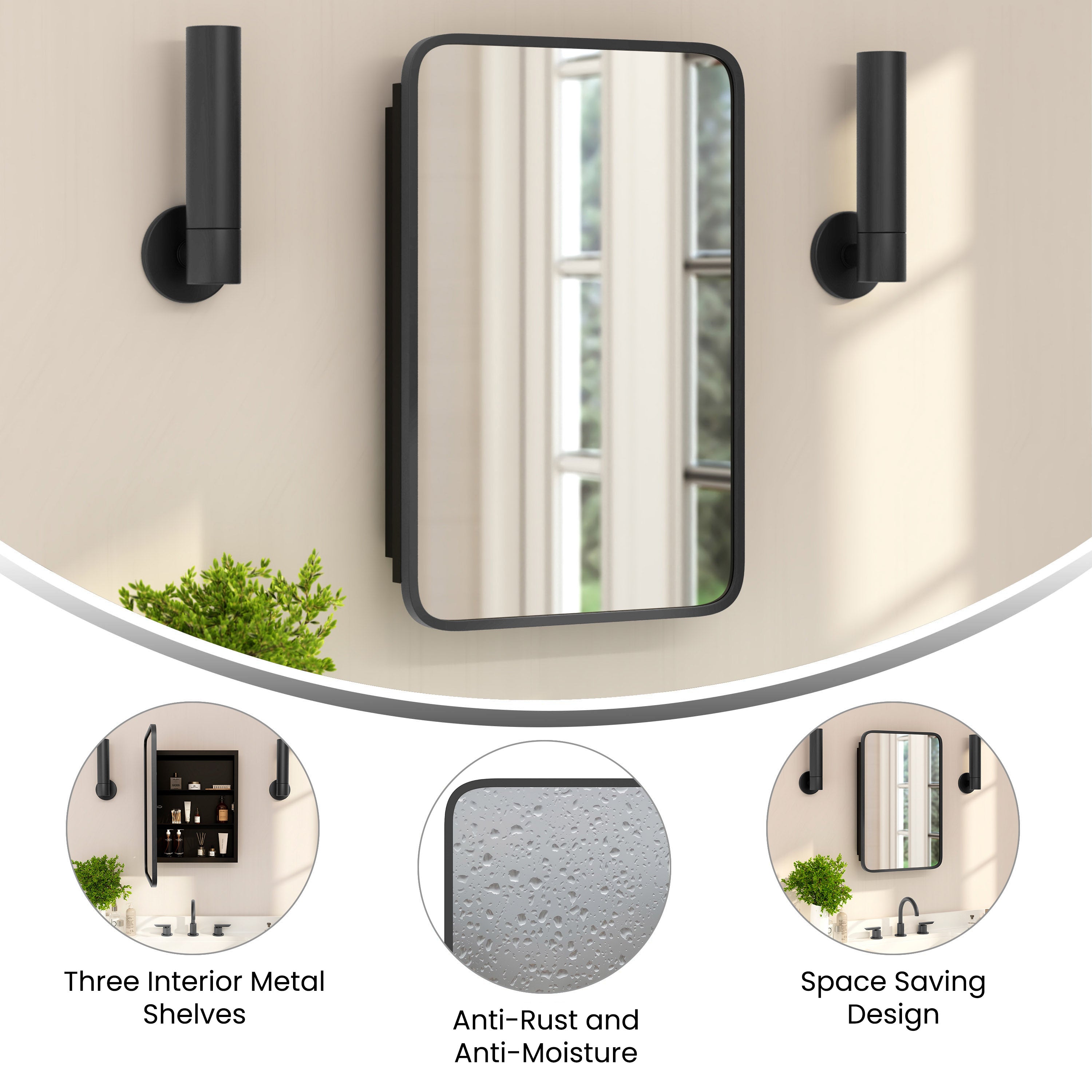 Jolie 16" x 24" Recessed Bathroom Medicine Cabinet with Rounded Beveled Mirror and Reversible Metal Frame in Black