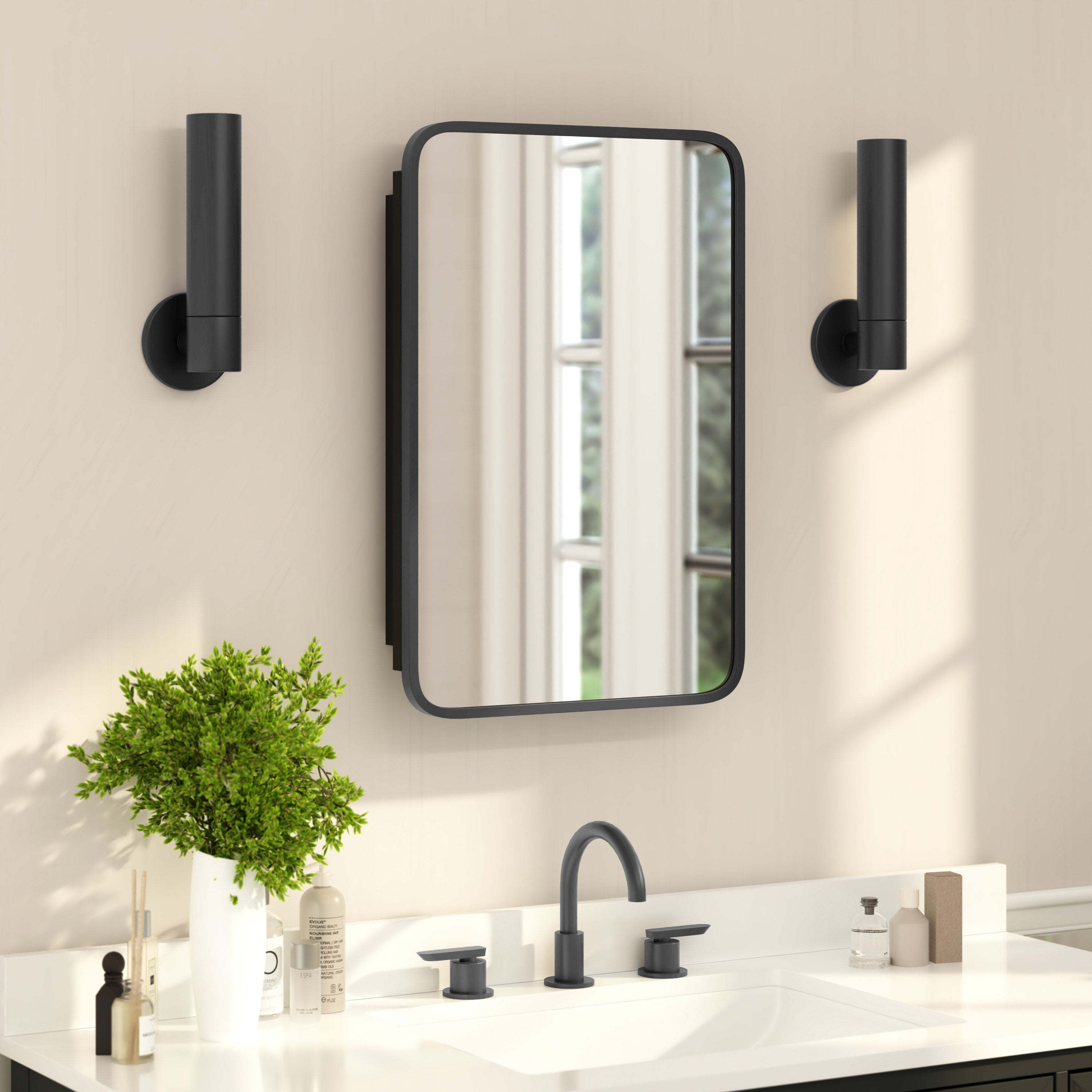 Jolie 16" x 24" Recessed Bathroom Medicine Cabinet with Rounded Beveled Mirror and Reversible Metal Frame in Black