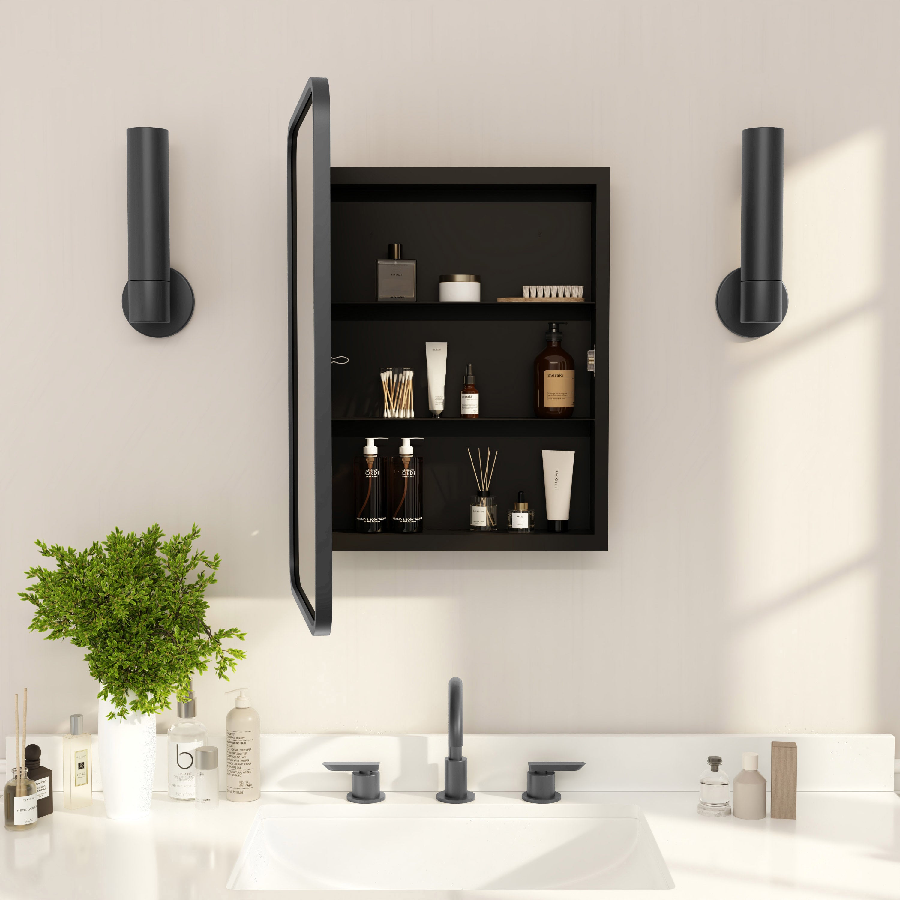 Jolie 16" x 24" Recessed Bathroom Medicine Cabinet with Rounded Beveled Mirror and Reversible Metal Frame in Black