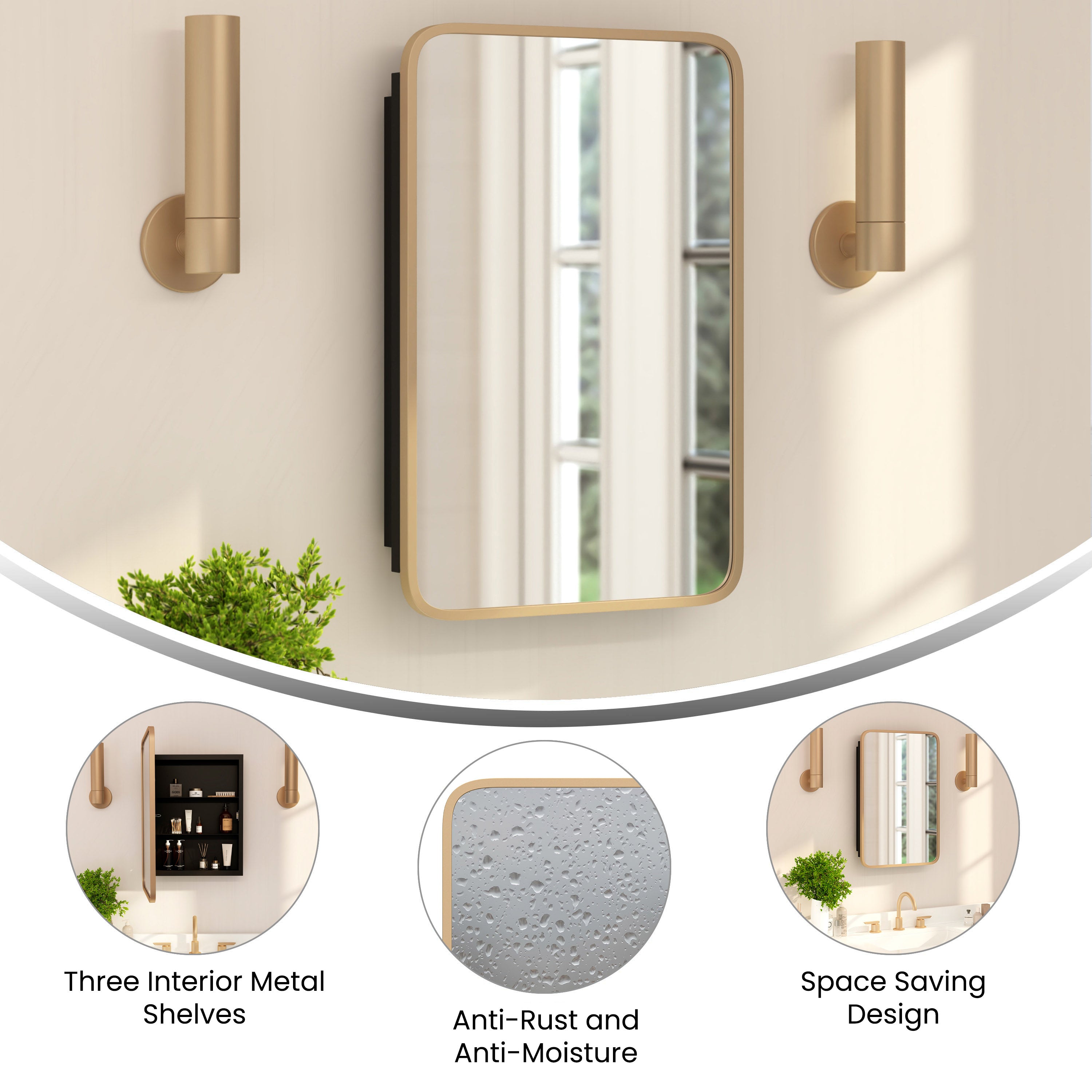 Jolie 16" x 24" Recessed Bathroom Medicine Cabinet with Rounded Beveled Mirror and Reversible Metal Frame in Gold