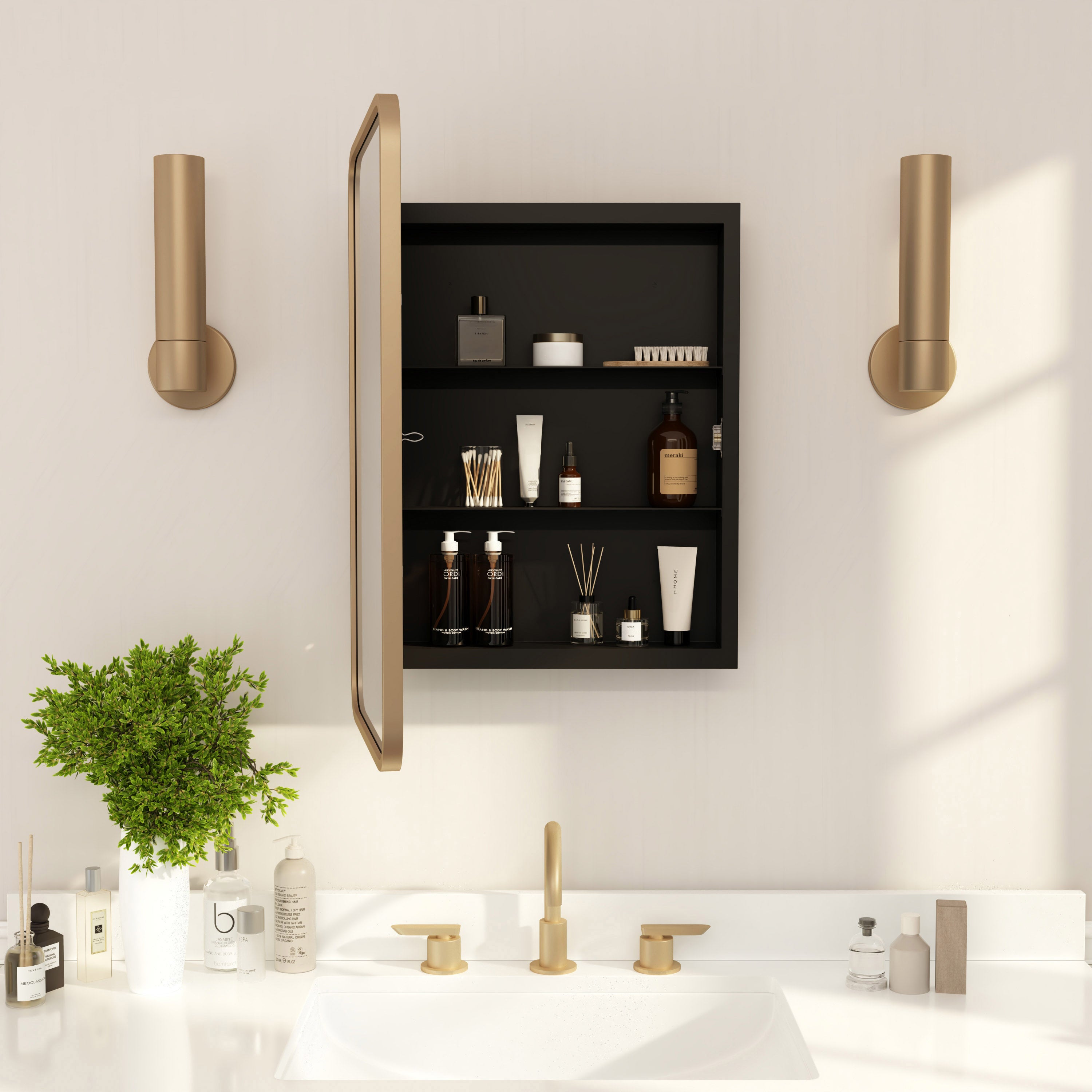 Jolie 16" x 24" Recessed Bathroom Medicine Cabinet with Rounded Beveled Mirror and Reversible Metal Frame in Gold