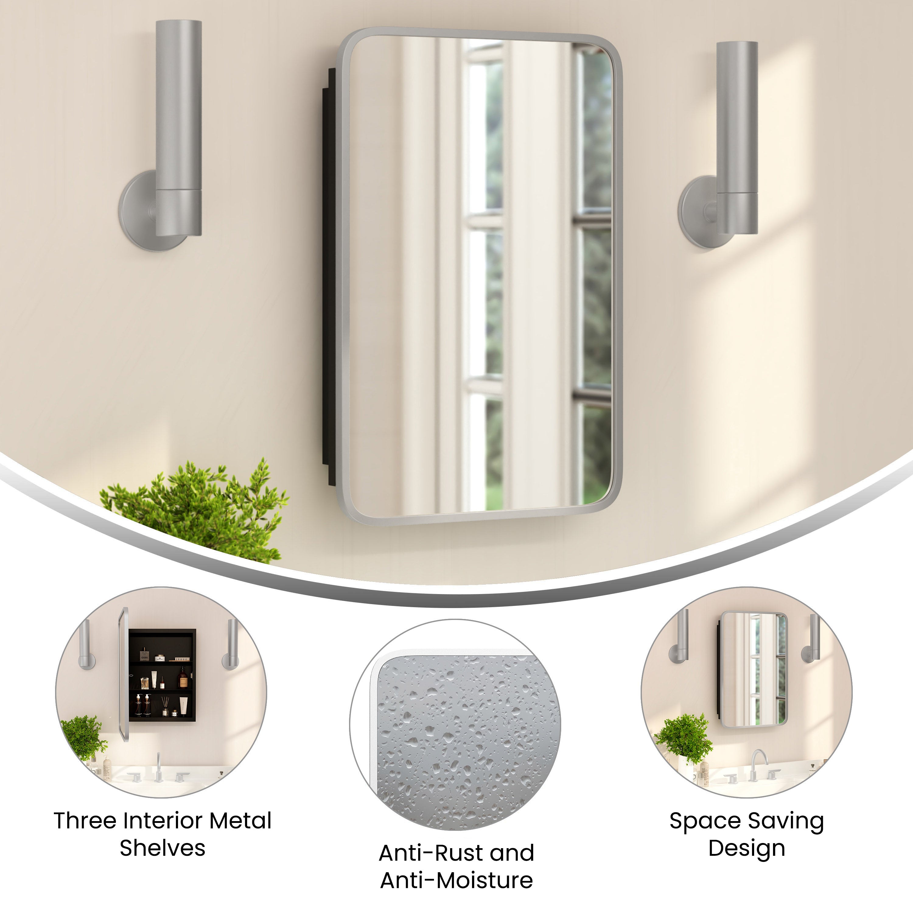Jolie 16" x 24" Recessed Bathroom Medicine Cabinet with Rounded Beveled Mirror and Reversible Metal Frame in Silver