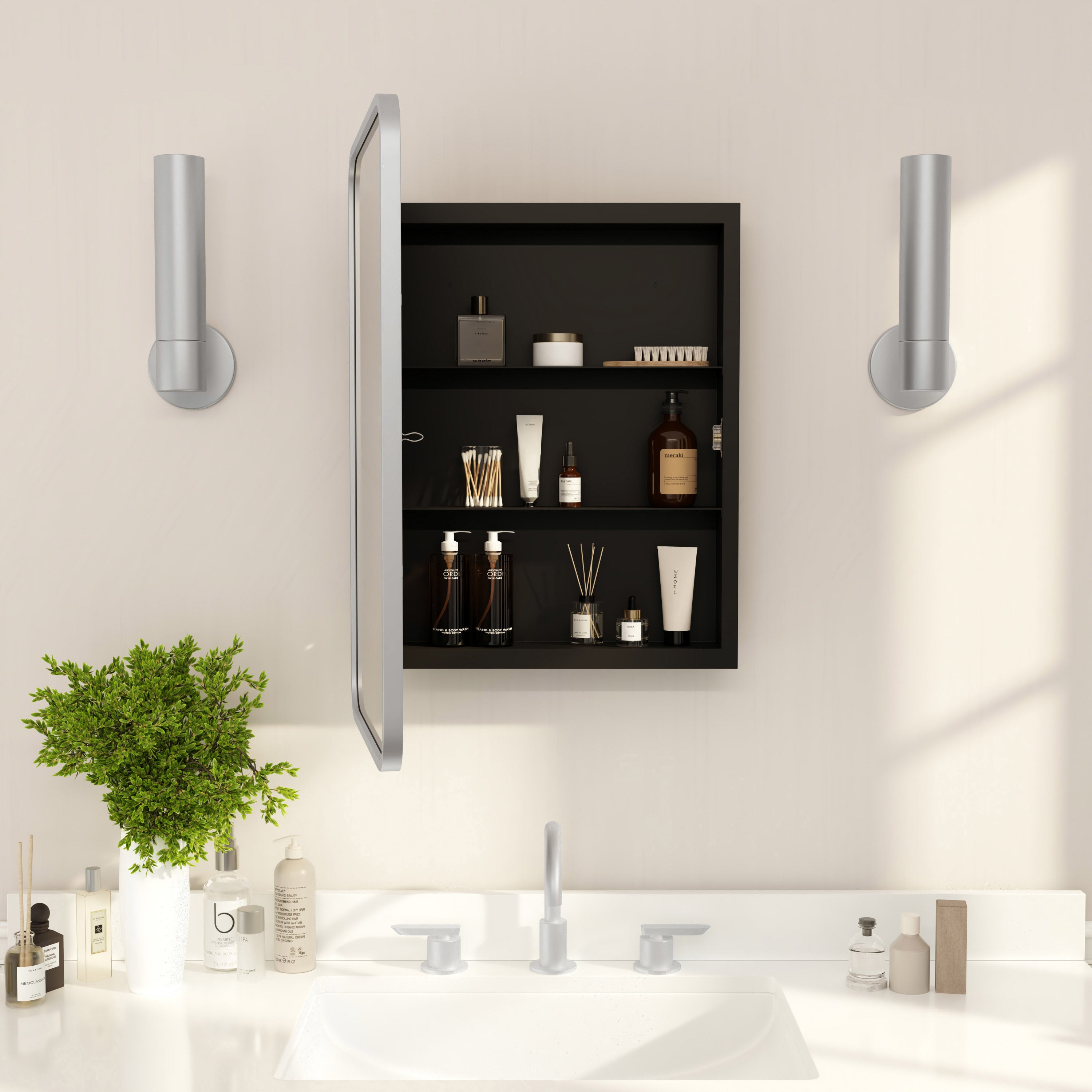 Jolie 16" x 24" Recessed Bathroom Medicine Cabinet with Rounded Beveled Mirror and Reversible Metal Frame in Silver