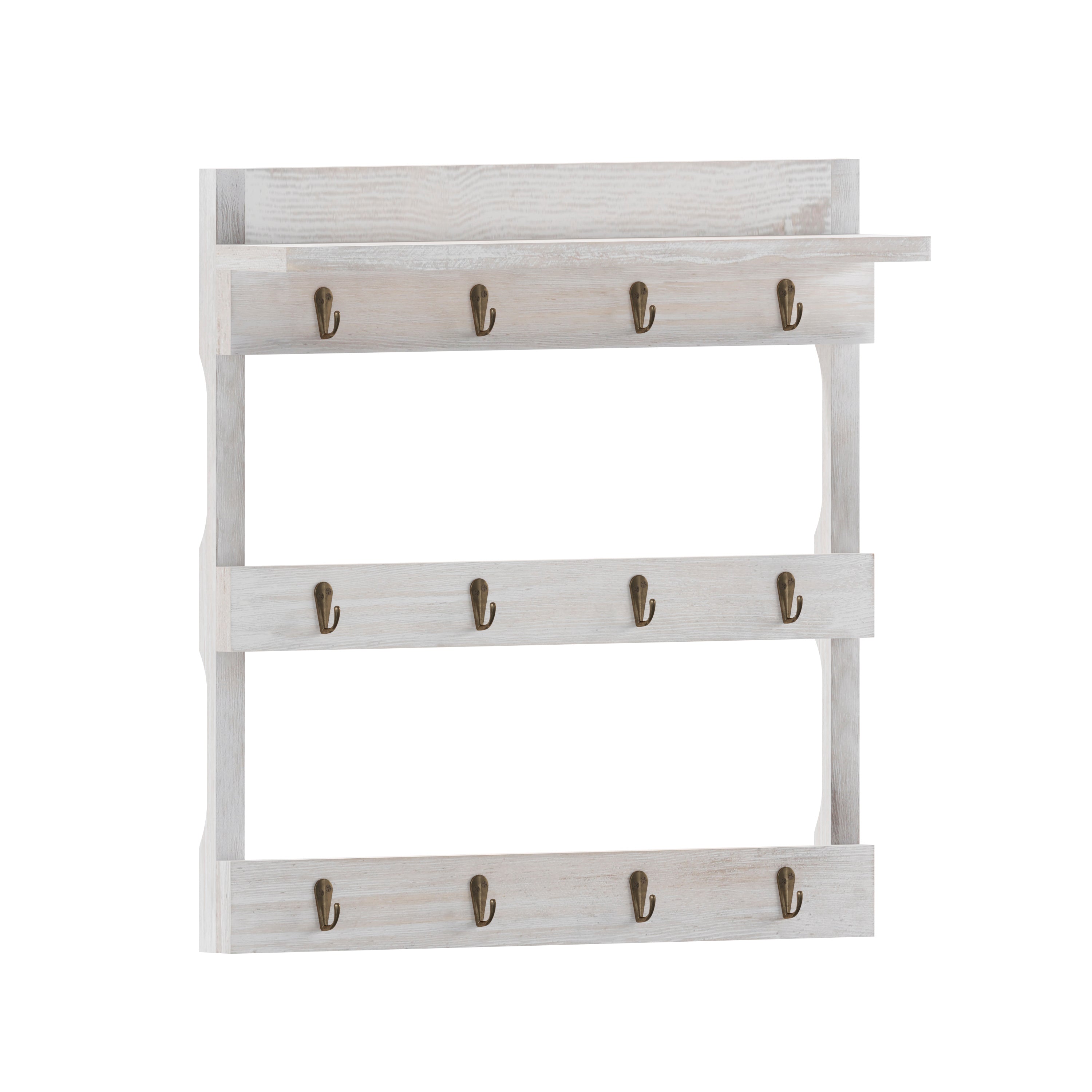 Campbell Wooden Wall Mount 12 Cup Mug Rack Organizer with Upper Storage Shelf and Metal Hanging Hooks with No Assembly Required,  Whitewashed