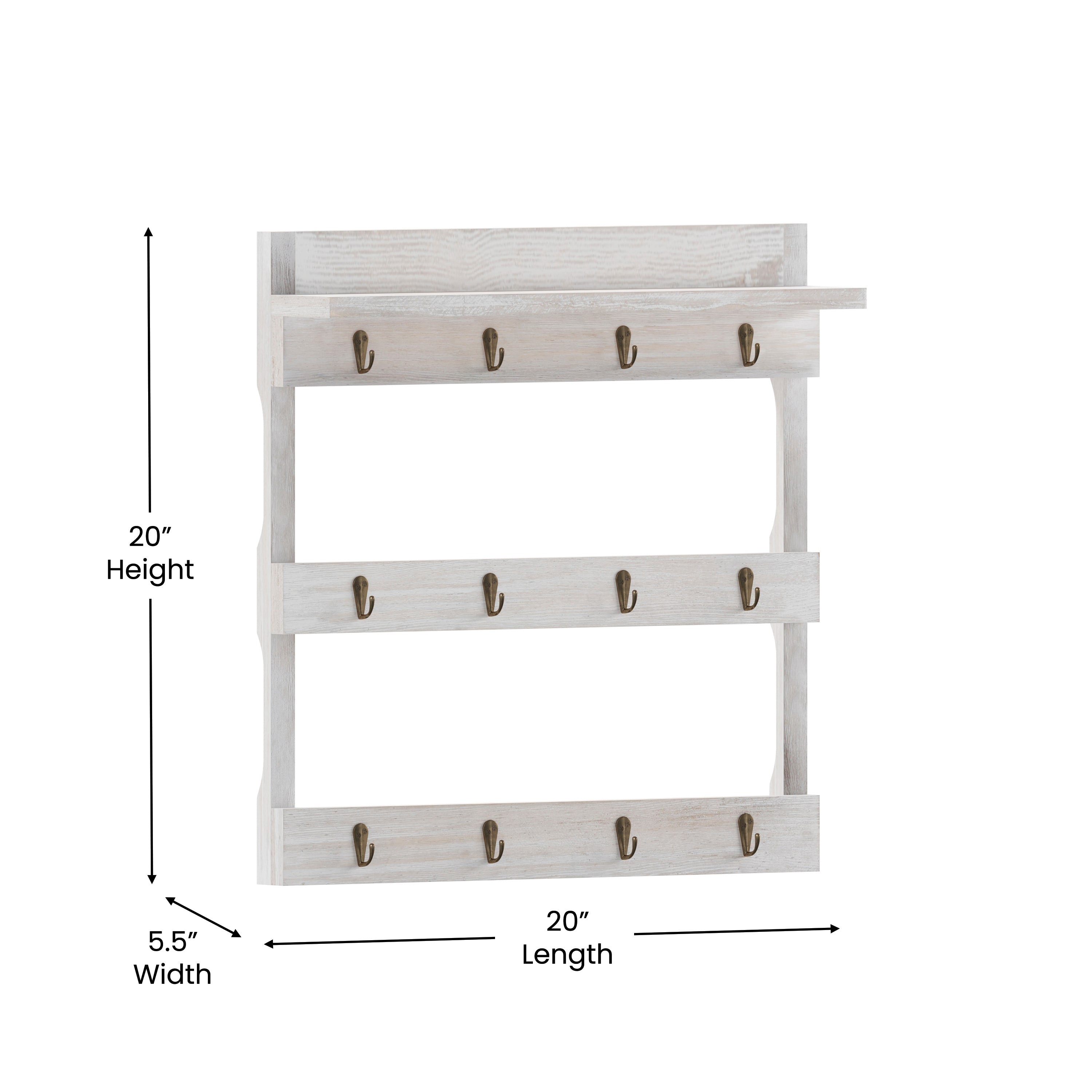 Campbell Wooden Wall Mount 12 Cup Mug Rack Organizer with Upper Storage Shelf and Metal Hanging Hooks with No Assembly Required,  Whitewashed