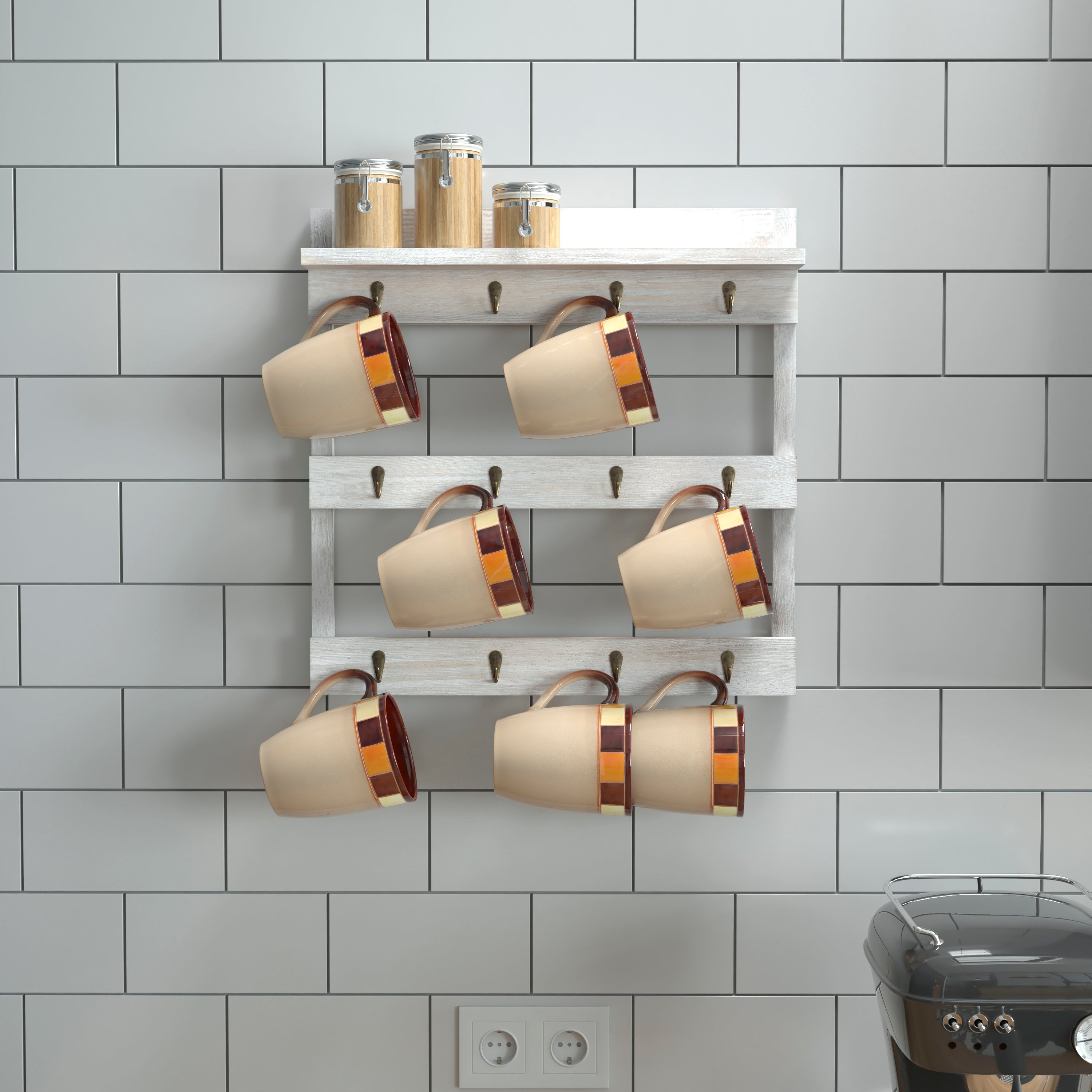 Campbell Wooden Wall Mount 12 Cup Mug Rack Organizer with Upper Storage Shelf and Metal Hanging Hooks with No Assembly Required,  Whitewashed