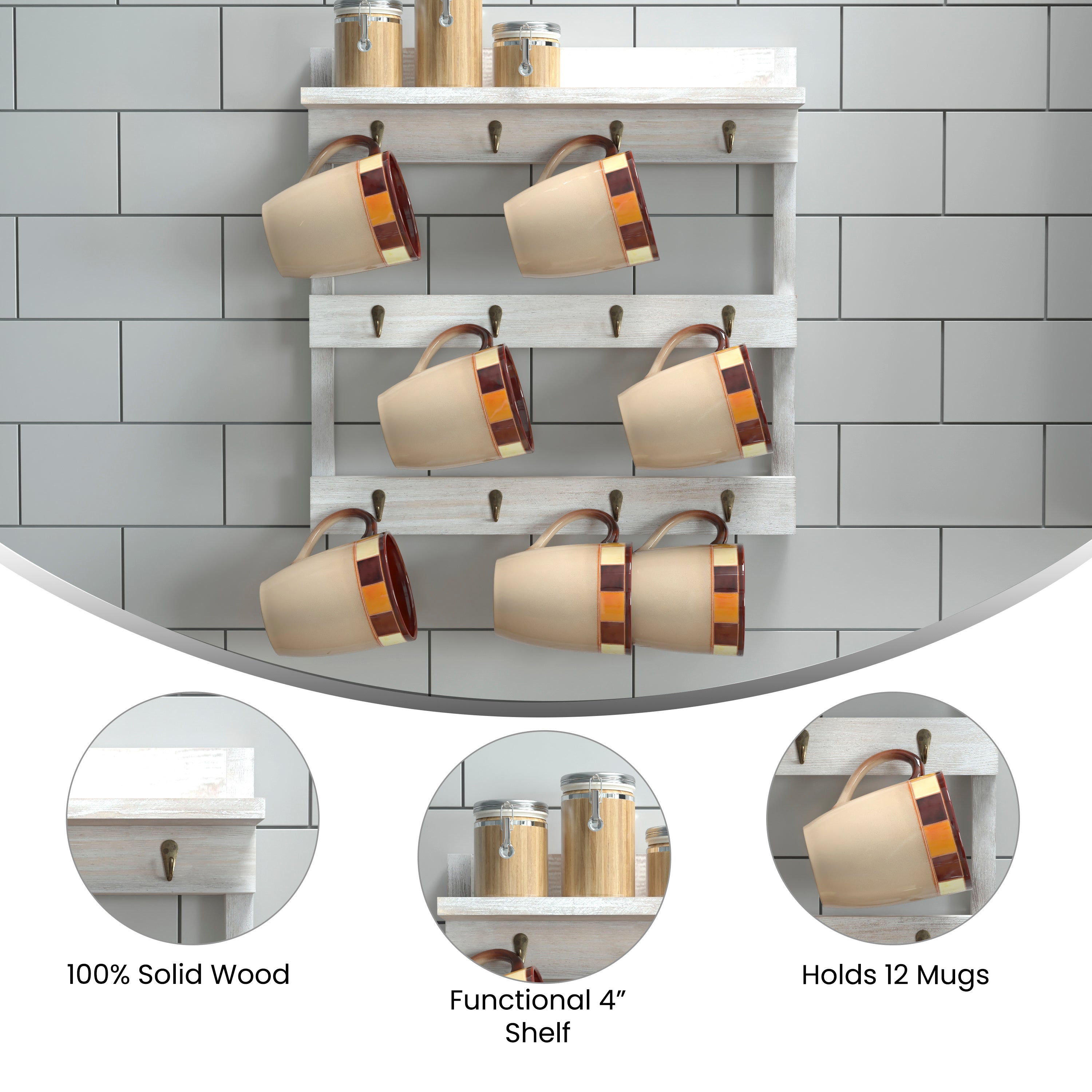 Campbell Wooden Wall Mount 12 Cup Mug Rack Organizer with Upper Storage Shelf and Metal Hanging Hooks with No Assembly Required,  Whitewashed