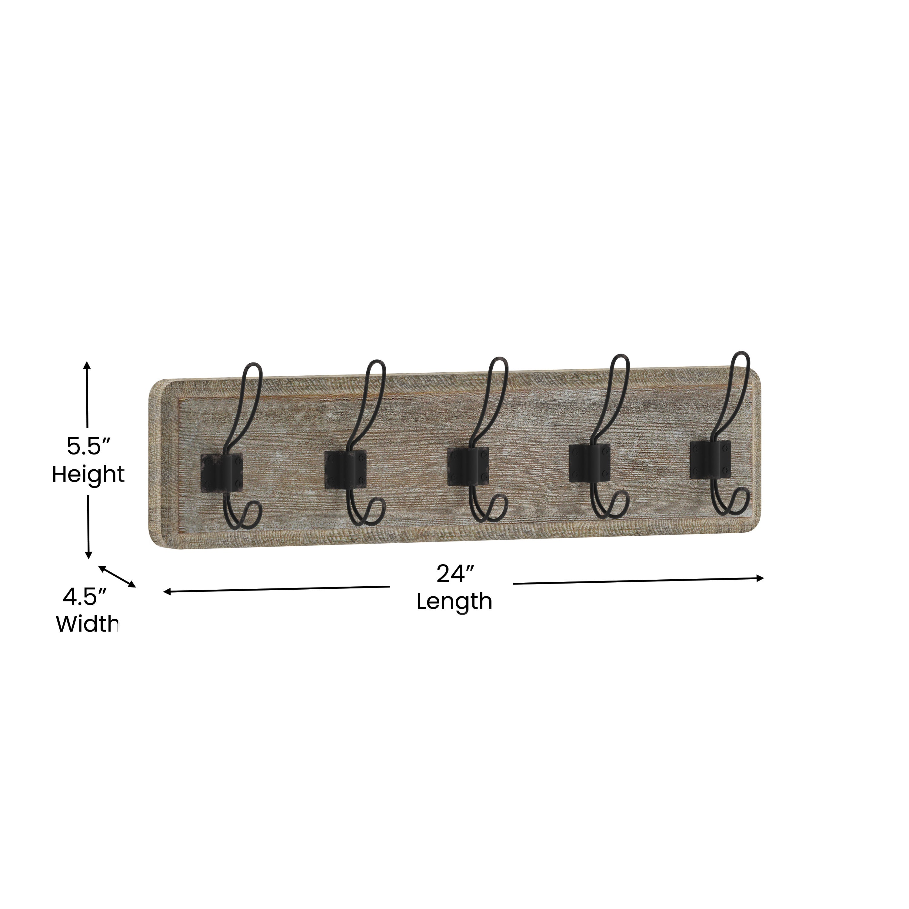 Daly Wall Mounted 24 Inch Weathered Solid Pine Wood Storage Rack with 5 Hooks For Entryway, Kitchen, Bathroom