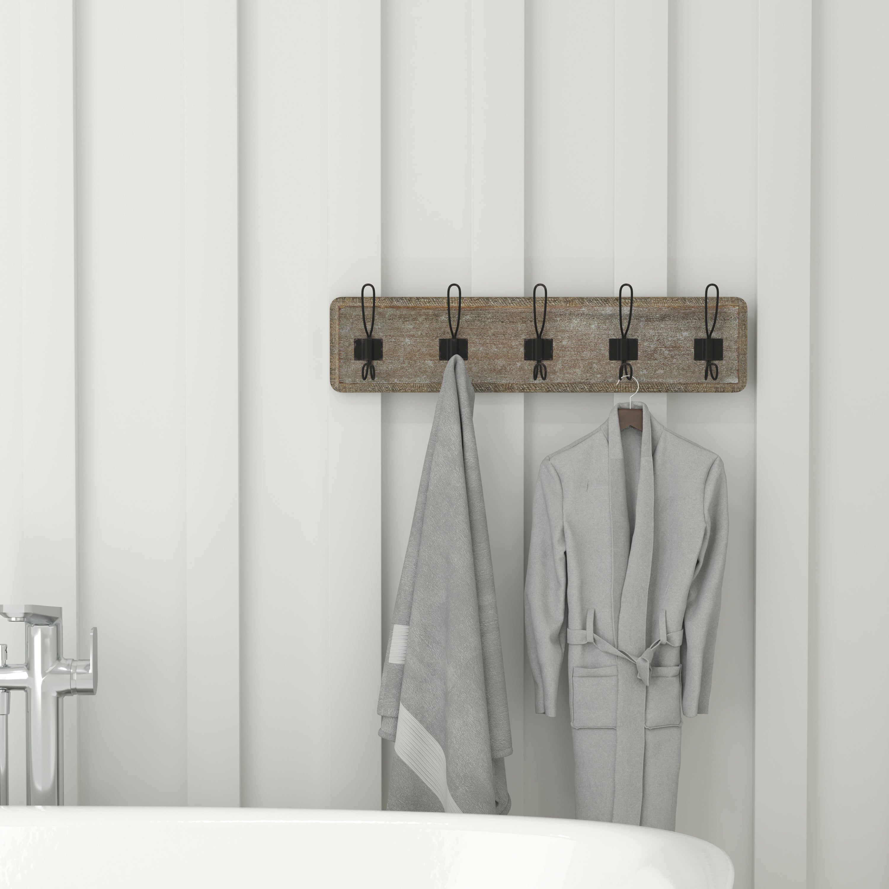 Daly Wall Mounted 24 Inch Weathered Solid Pine Wood Storage Rack with 5 Hooks For Entryway, Kitchen, Bathroom