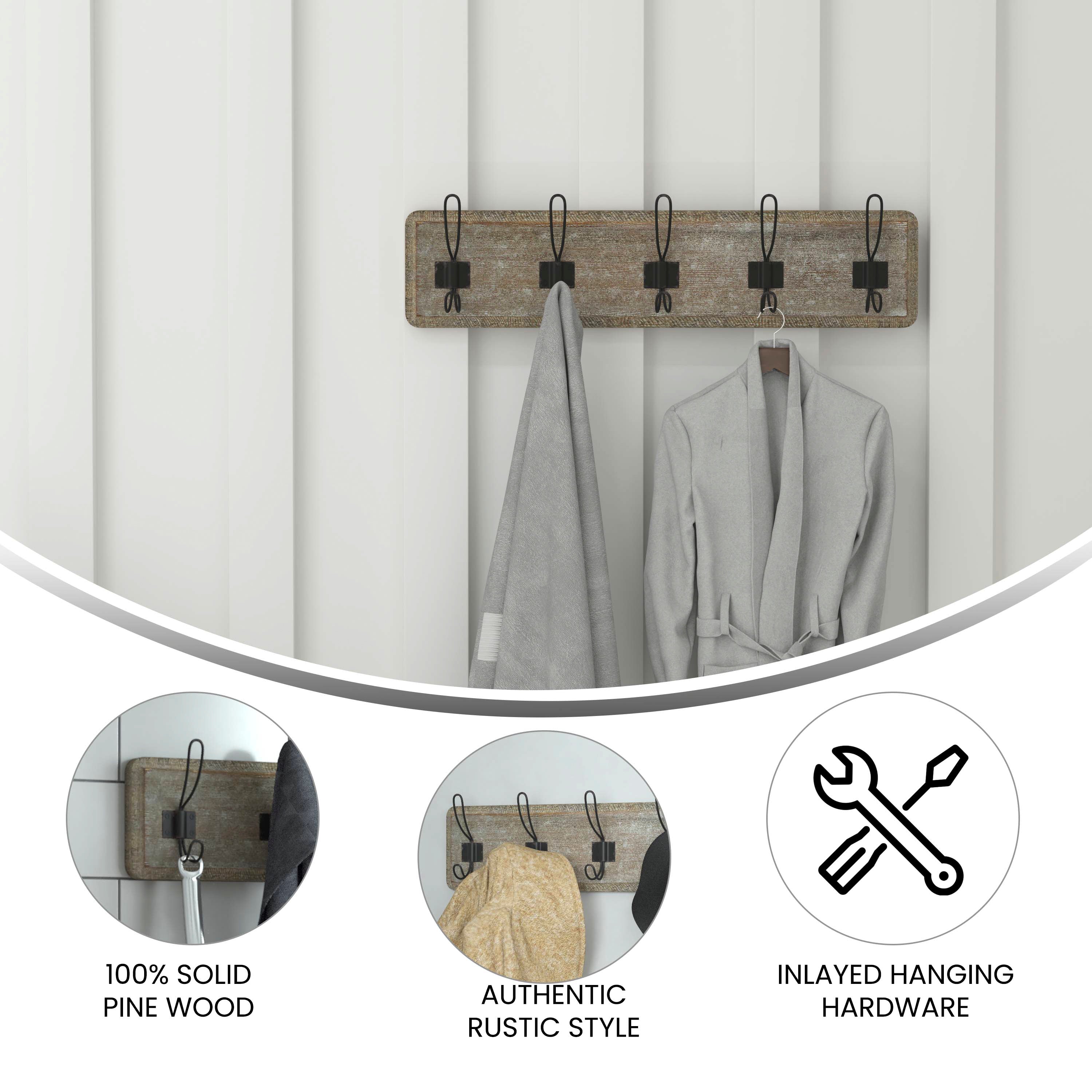 Daly Wall Mounted 24 Inch Weathered Solid Pine Wood Storage Rack with 5 Hooks For Entryway, Kitchen, Bathroom