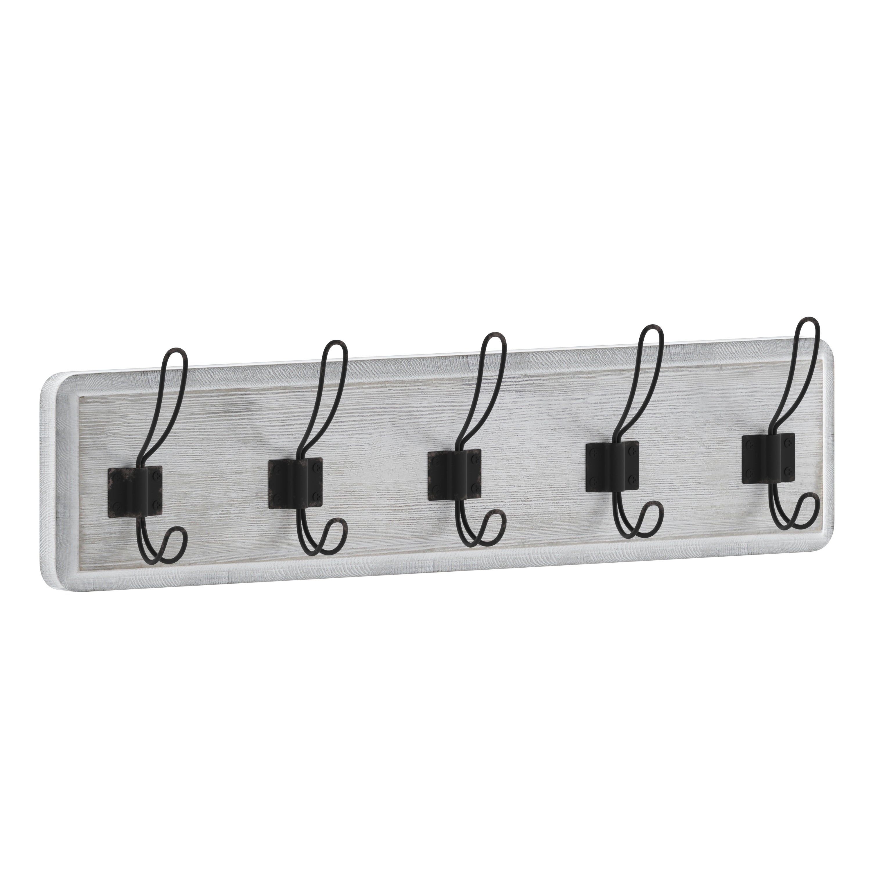 Daly Wall Mounted 24 Inch Whitewashed Solid Pine Wood Storage Rack with 5 Hooks For Entryway, Kitchen, Bathroom