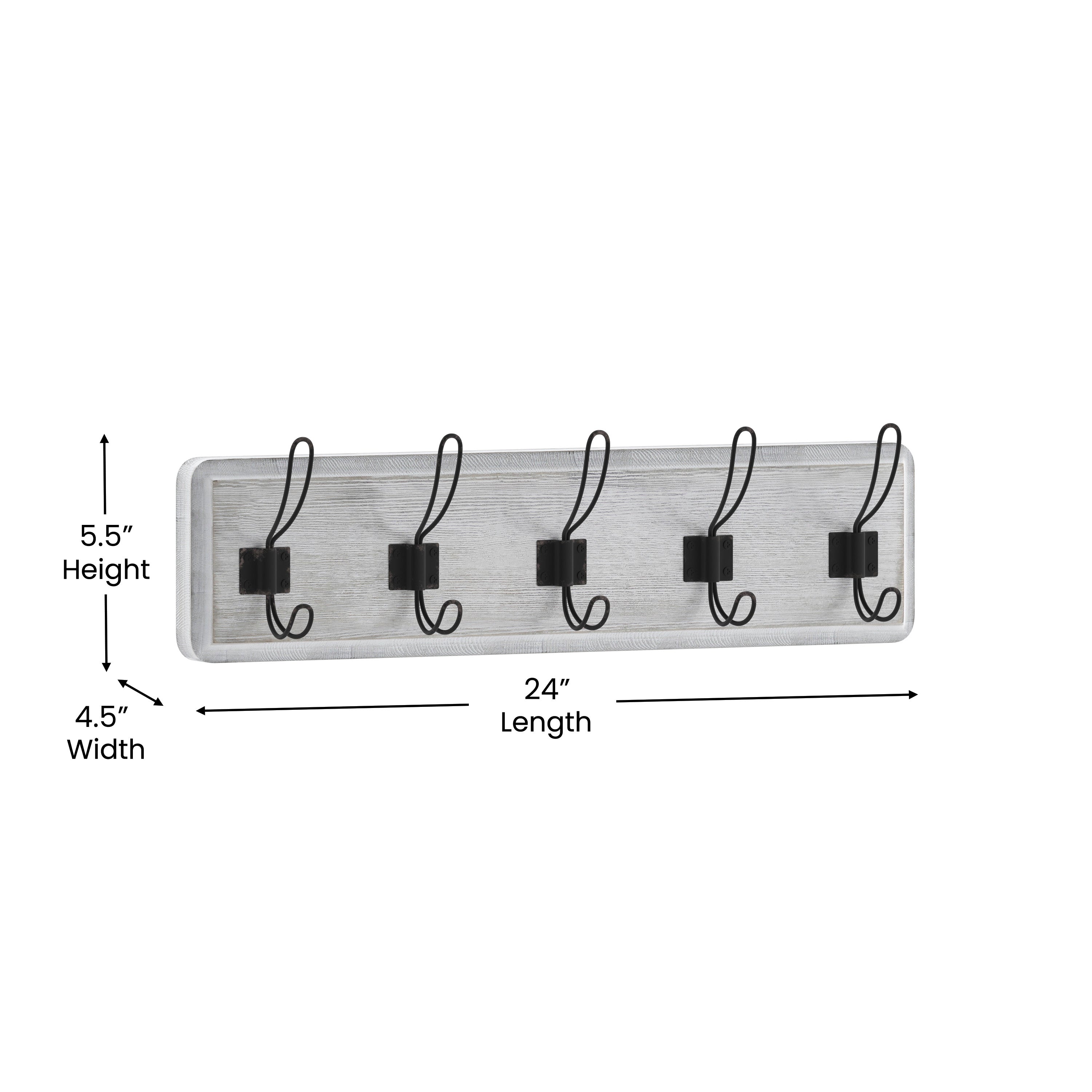 Daly Wall Mounted 24 Inch Whitewashed Solid Pine Wood Storage Rack with 5 Hooks For Entryway, Kitchen, Bathroom