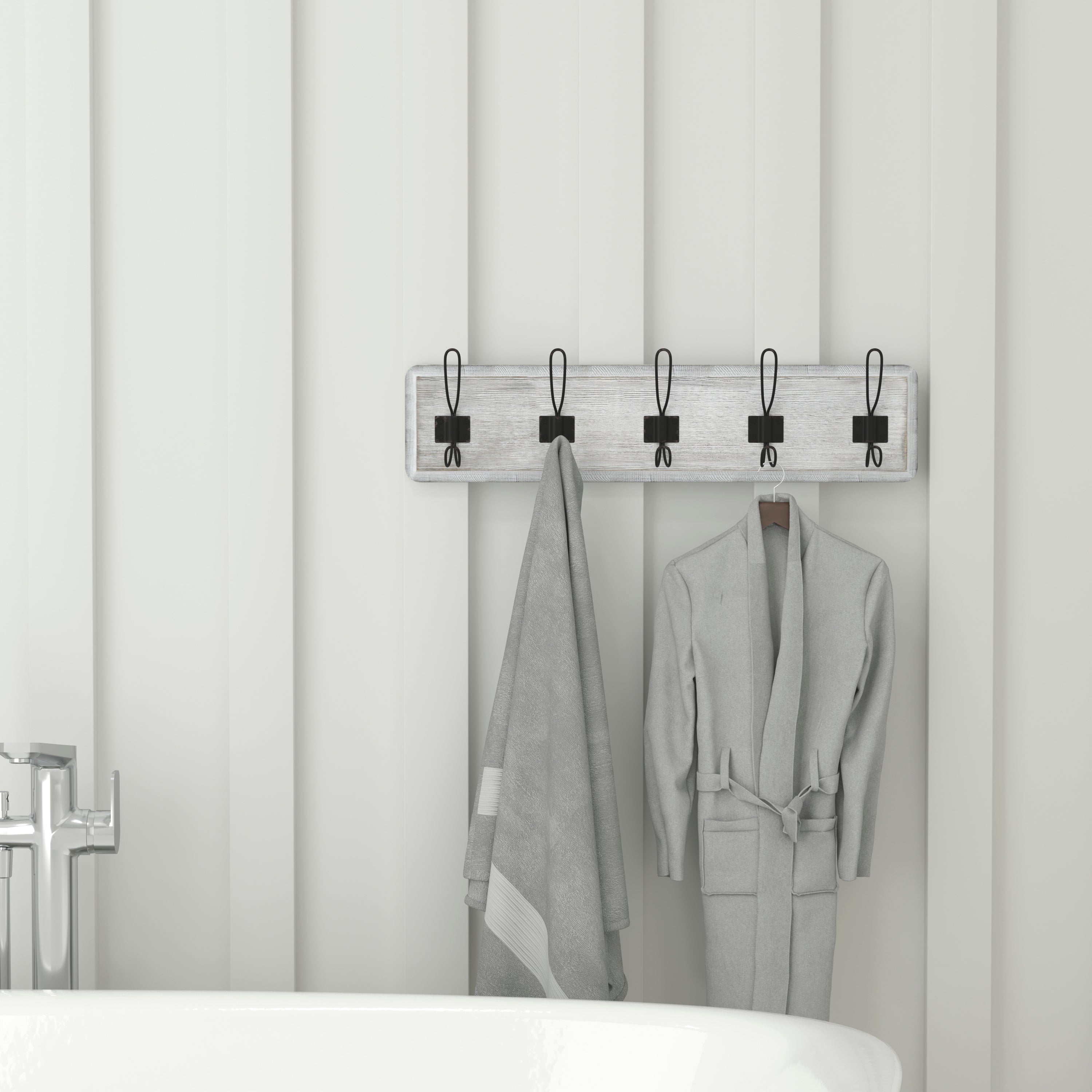 Daly Wall Mounted 24 Inch Whitewashed Solid Pine Wood Storage Rack with 5 Hooks For Entryway, Kitchen, Bathroom