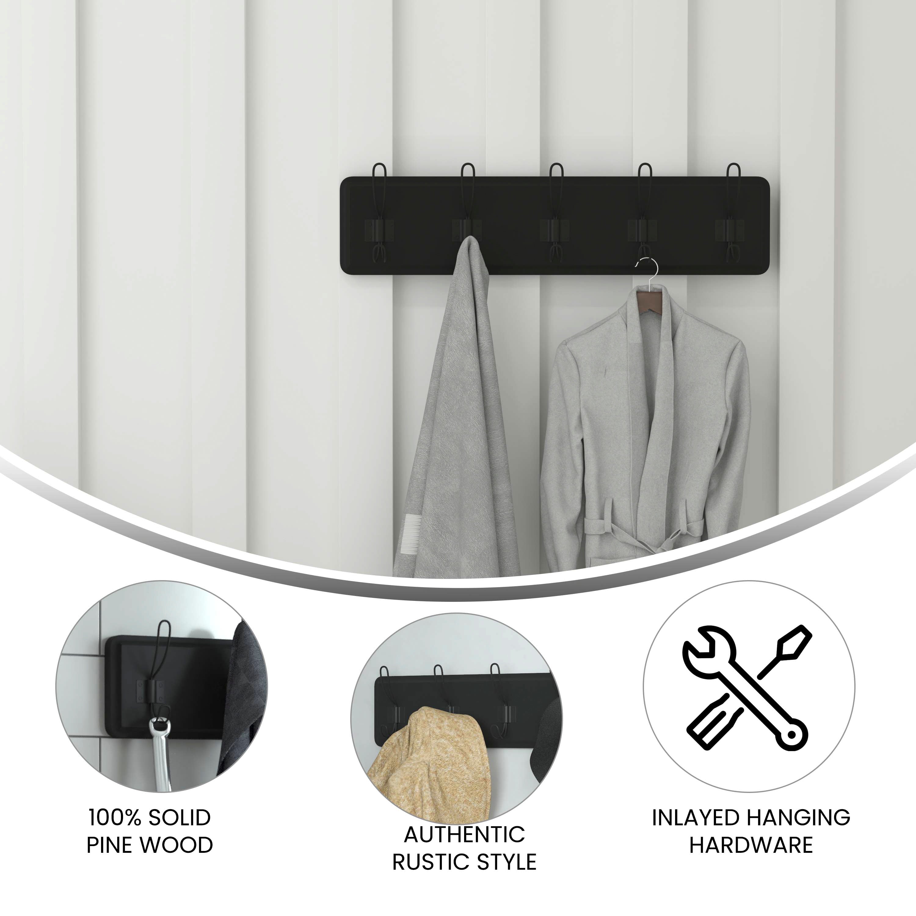 Daly Wall Mounted 24 Inch Black Solid Pine Wood Storage Rack with 5 Hooks For Entryway, Kitchen, Bathroom