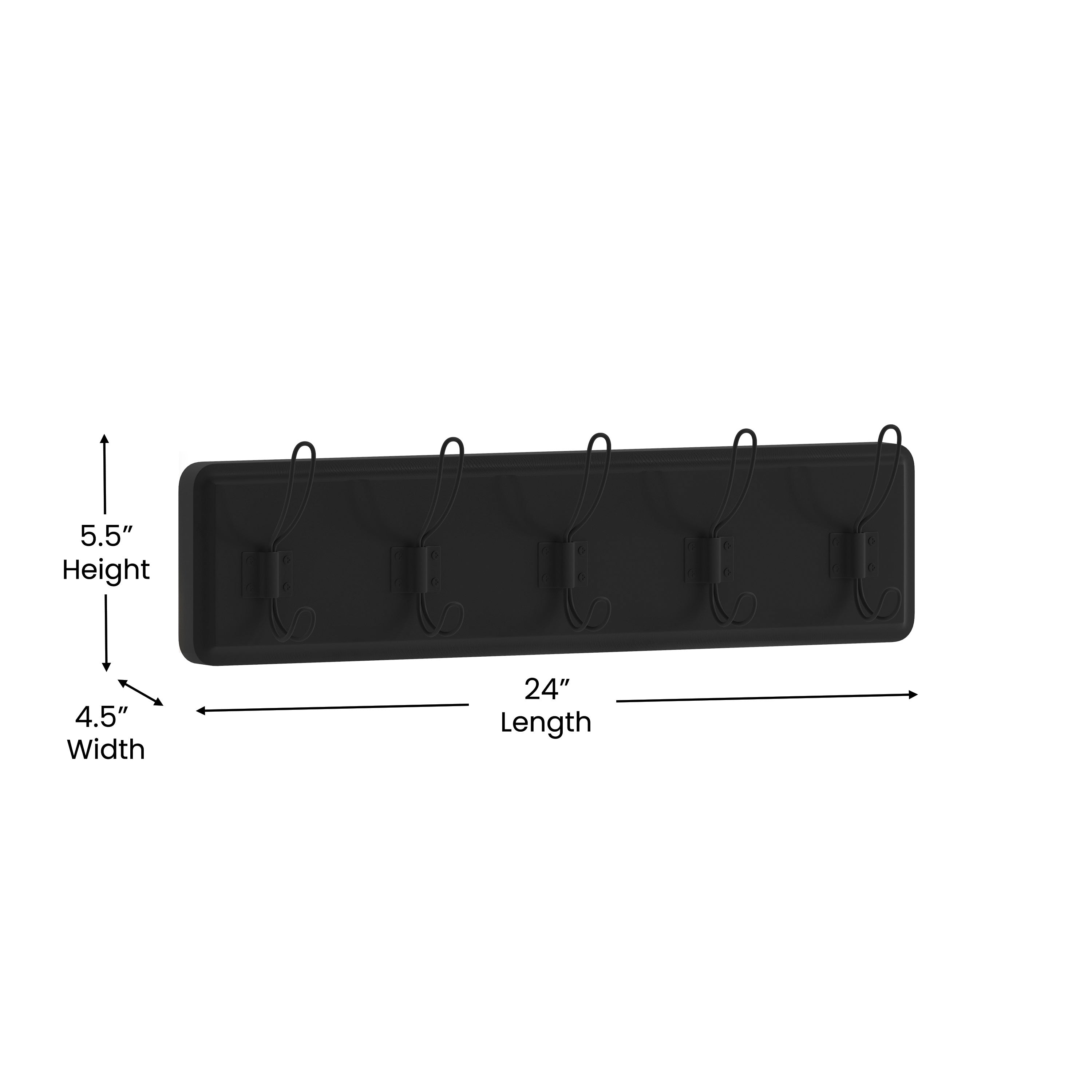 Daly Wall Mounted 24 Inch Black Solid Pine Wood Storage Rack with 5 Hooks For Entryway, Kitchen, Bathroom