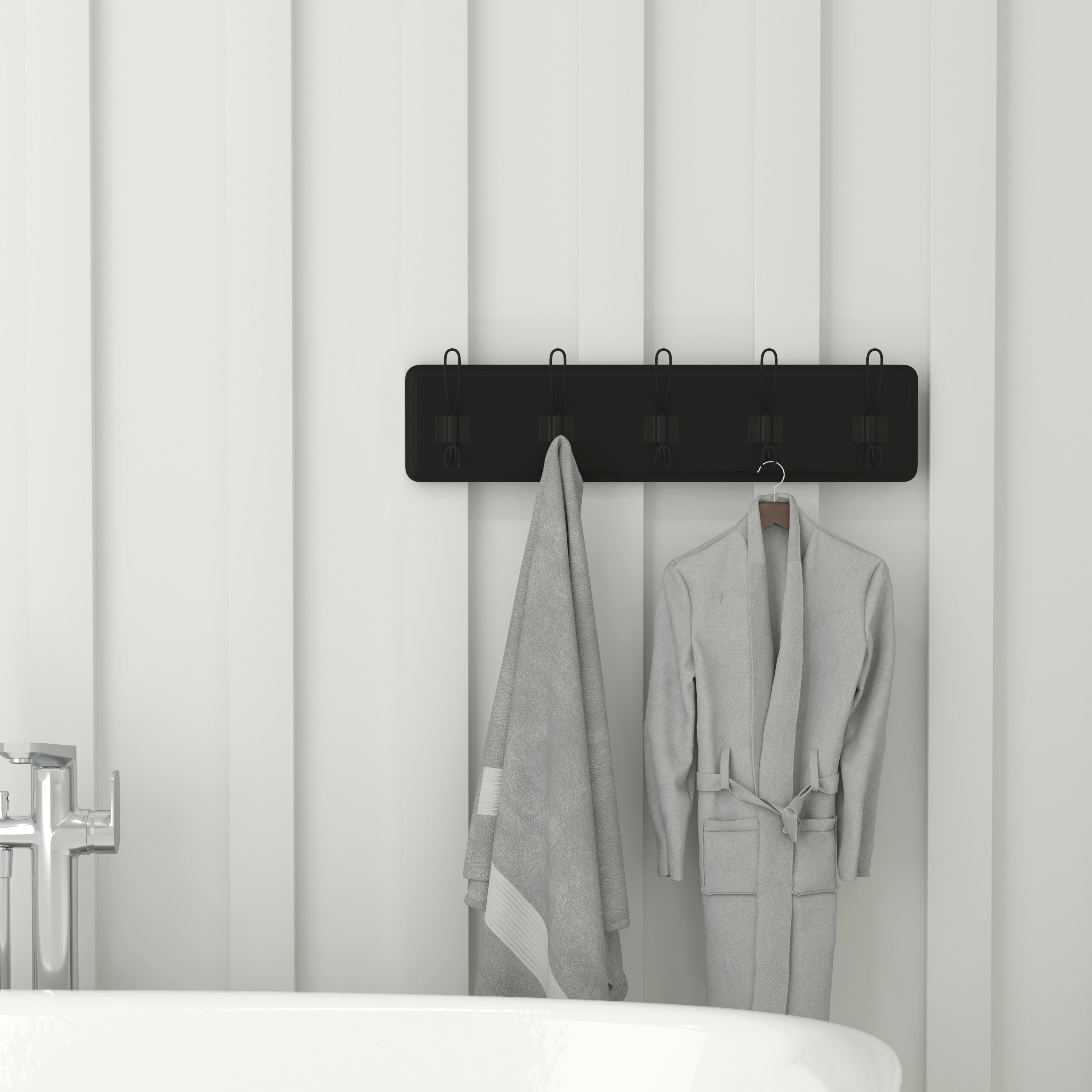 Daly Wall Mounted 24 Inch Black Solid Pine Wood Storage Rack with 5 Hooks For Entryway, Kitchen, Bathroom