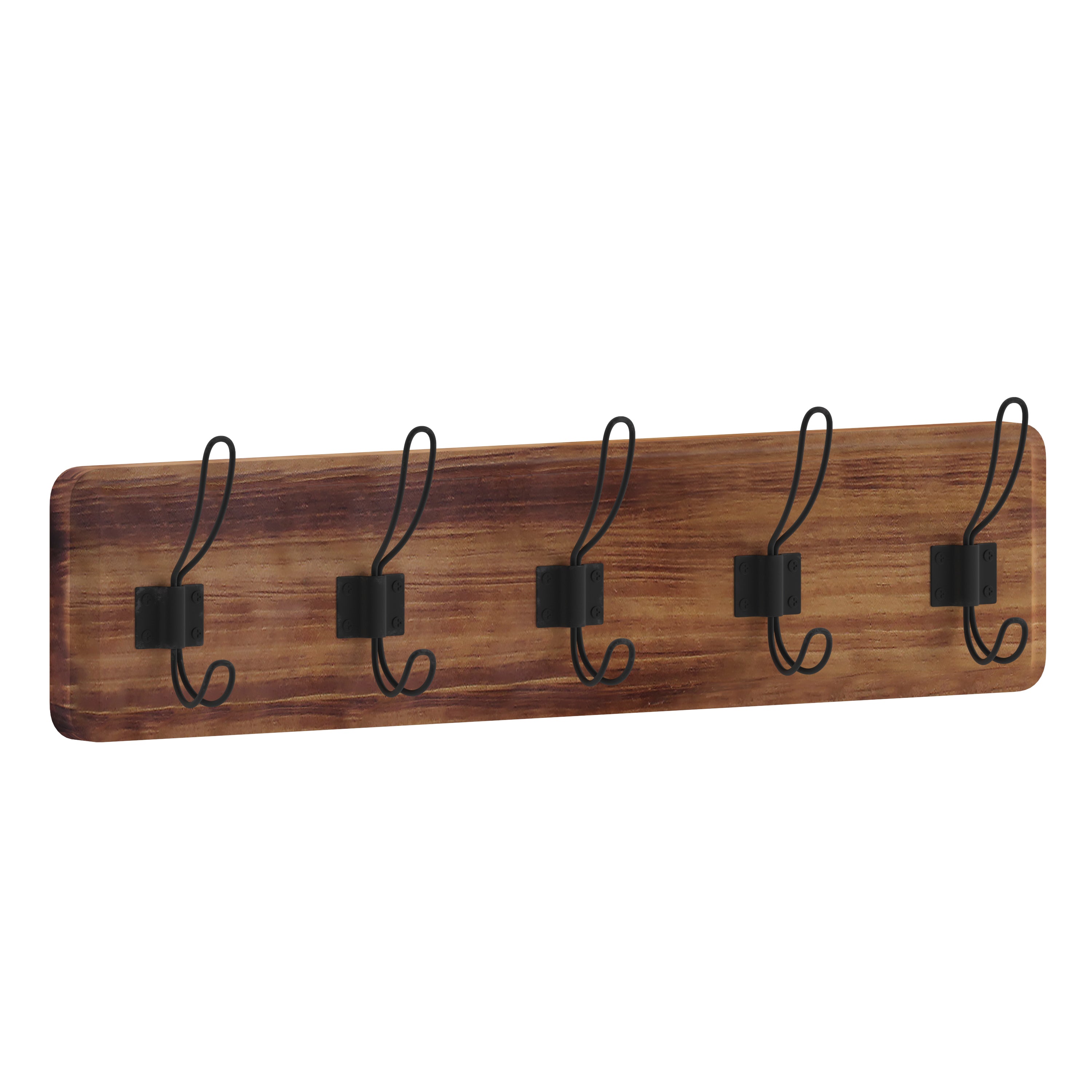 Daly Wall Mounted 24 Inch Rustic Brown Solid Pine Wood Storage Rack with 5 Hooks For Entryway, Kitchen, Bathroom