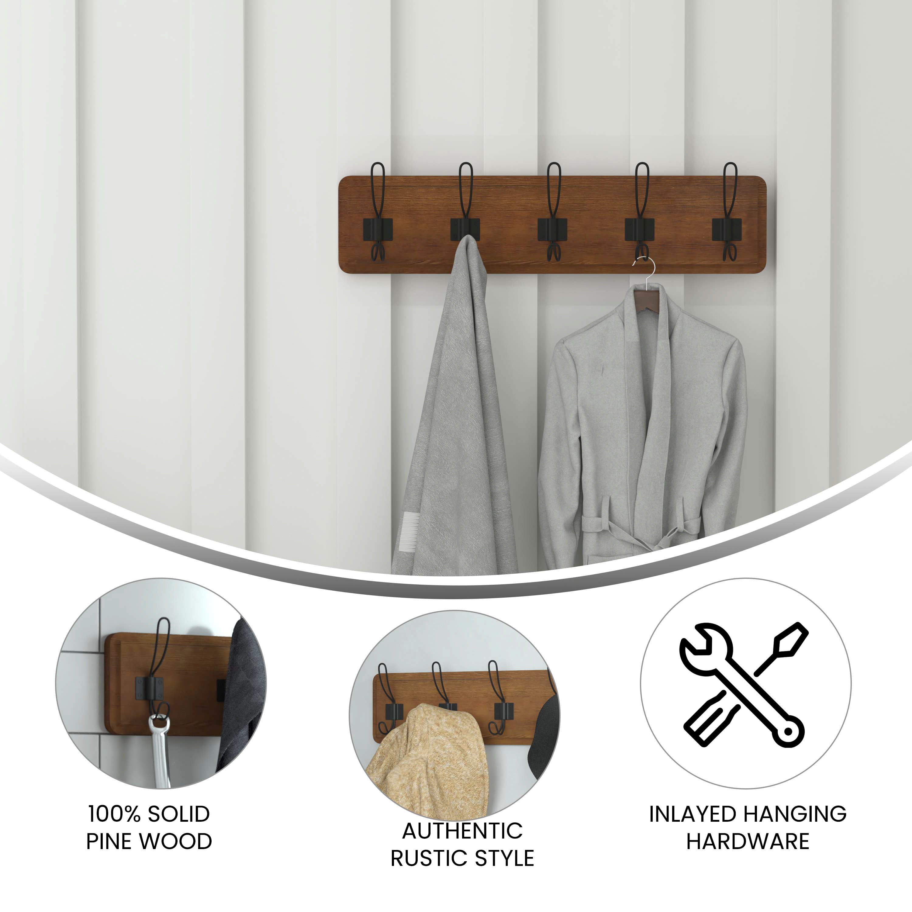 Daly Wall Mounted 24 Inch Rustic Brown Solid Pine Wood Storage Rack with 5 Hooks For Entryway, Kitchen, Bathroom