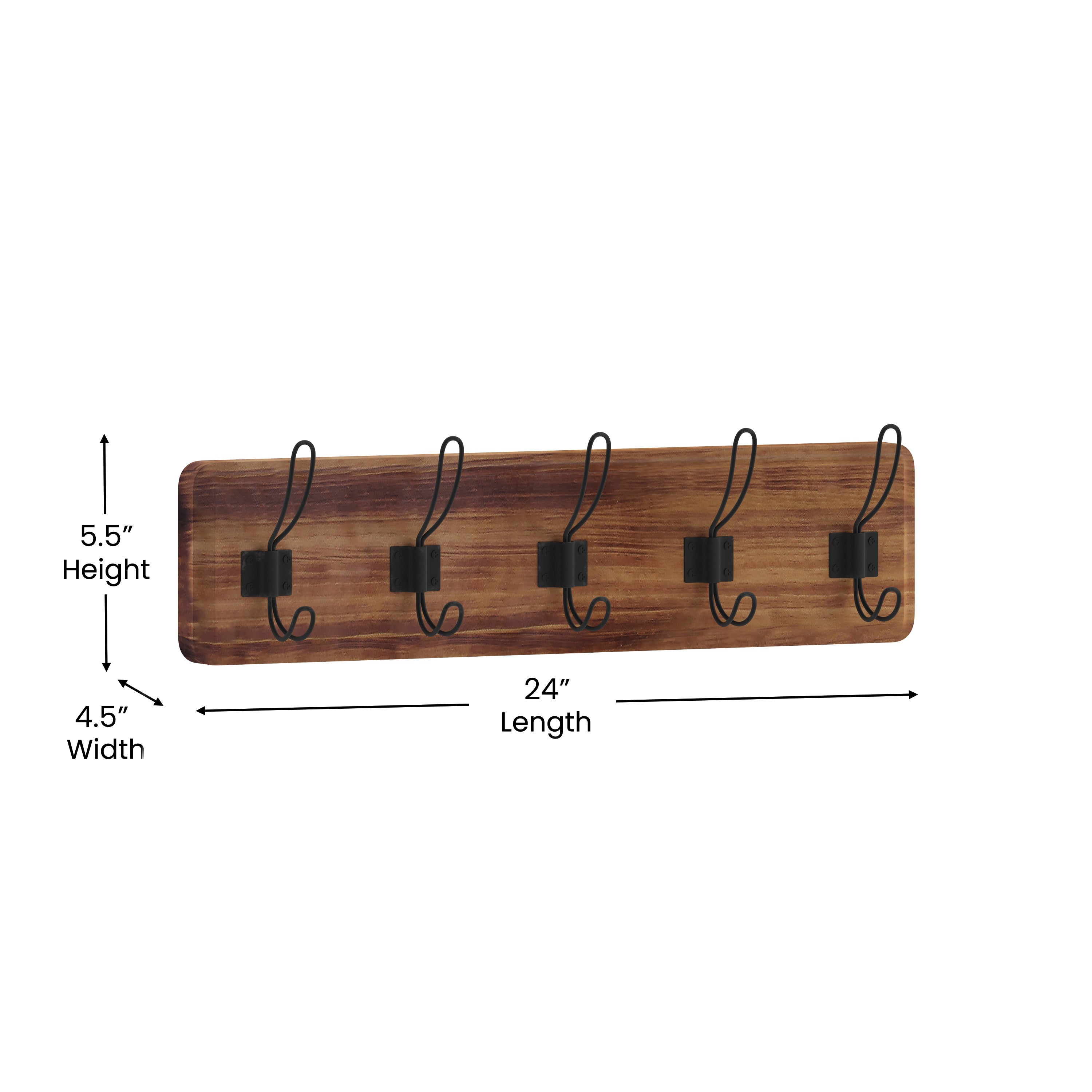 Daly Wall Mounted 24 Inch Rustic Brown Solid Pine Wood Storage Rack with 5 Hooks For Entryway, Kitchen, Bathroom