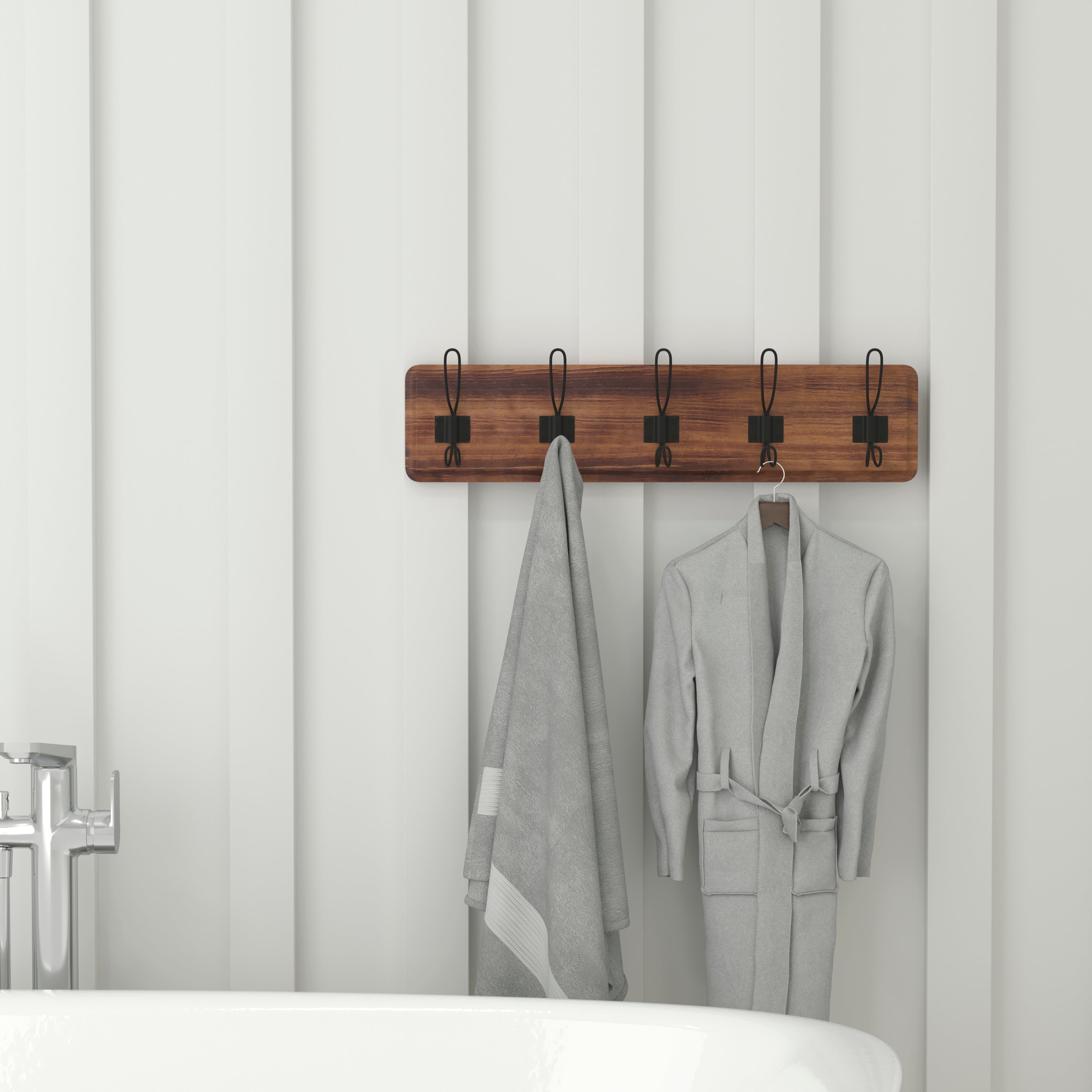 Daly Wall Mounted 24 Inch Rustic Brown Solid Pine Wood Storage Rack with 5 Hooks For Entryway, Kitchen, Bathroom