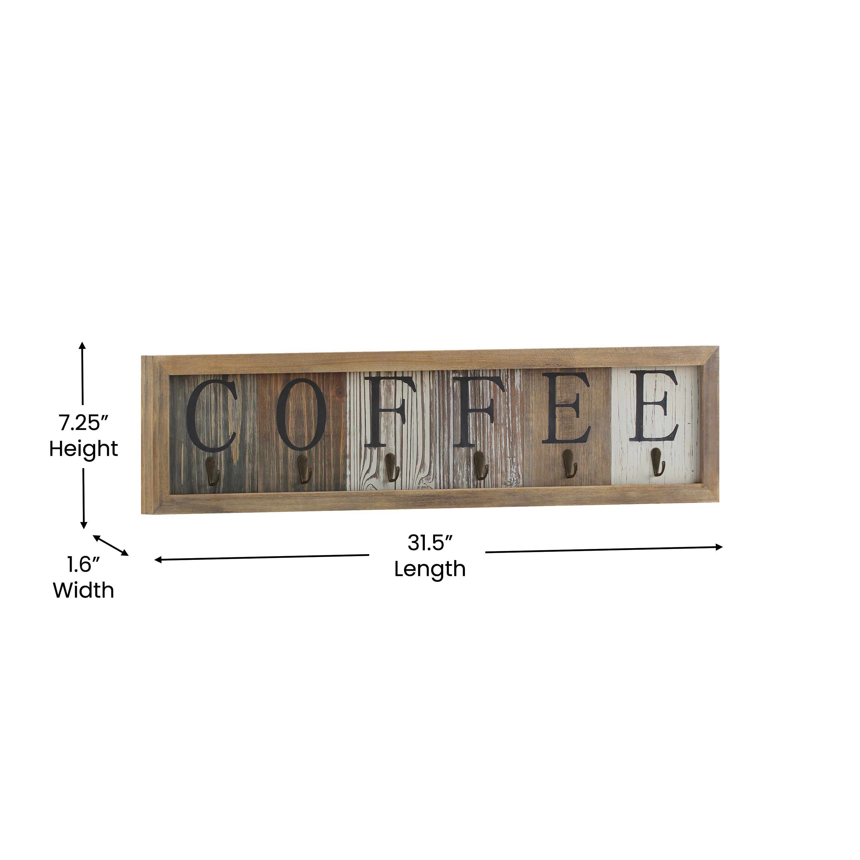 Folston Wooden Wall Mount 6 Cup Distressed Wood Grain Printed COFFEE Mug Organizer with Metal Hanging Hooks, No Assembly Required