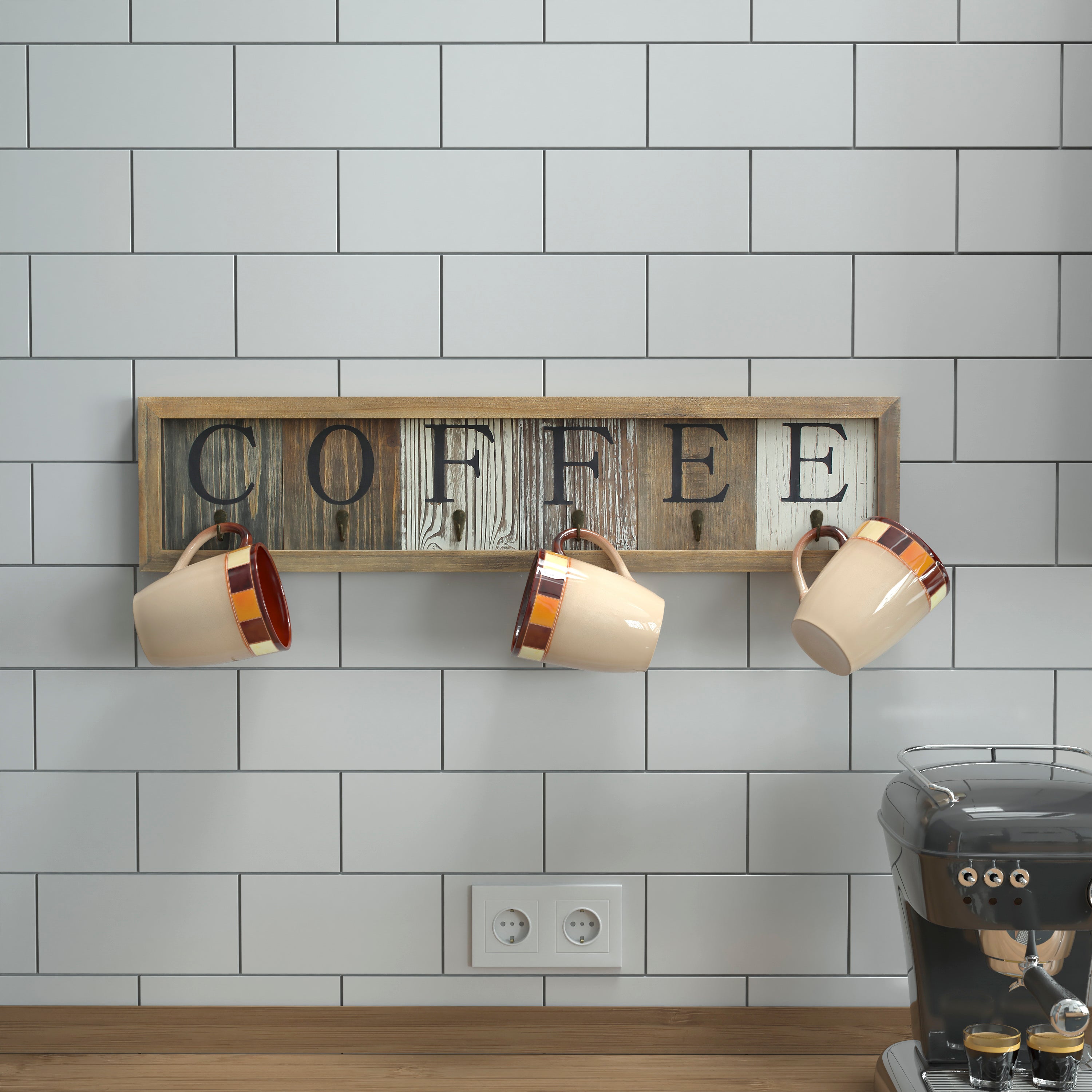 Folston Wooden Wall Mount 6 Cup Distressed Wood Grain Printed COFFEE Mug Organizer with Metal Hanging Hooks, No Assembly Required