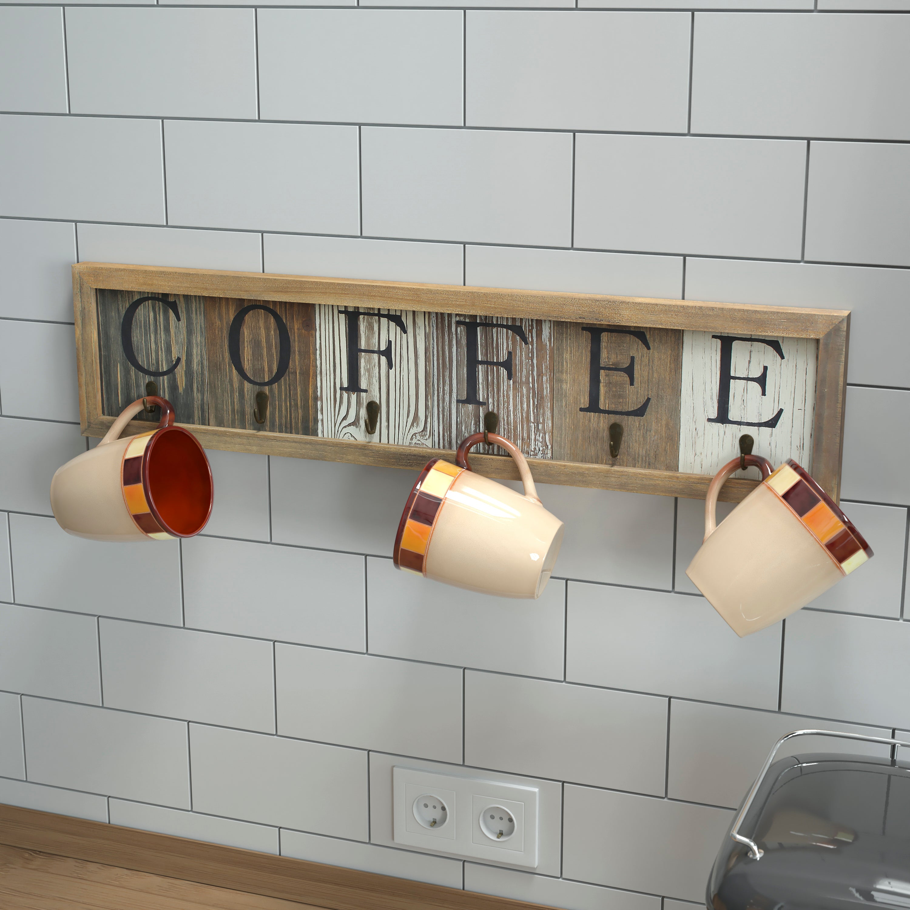 Folston Wooden Wall Mount 6 Cup Distressed Wood Grain Printed COFFEE Mug Organizer with Metal Hanging Hooks, No Assembly Required