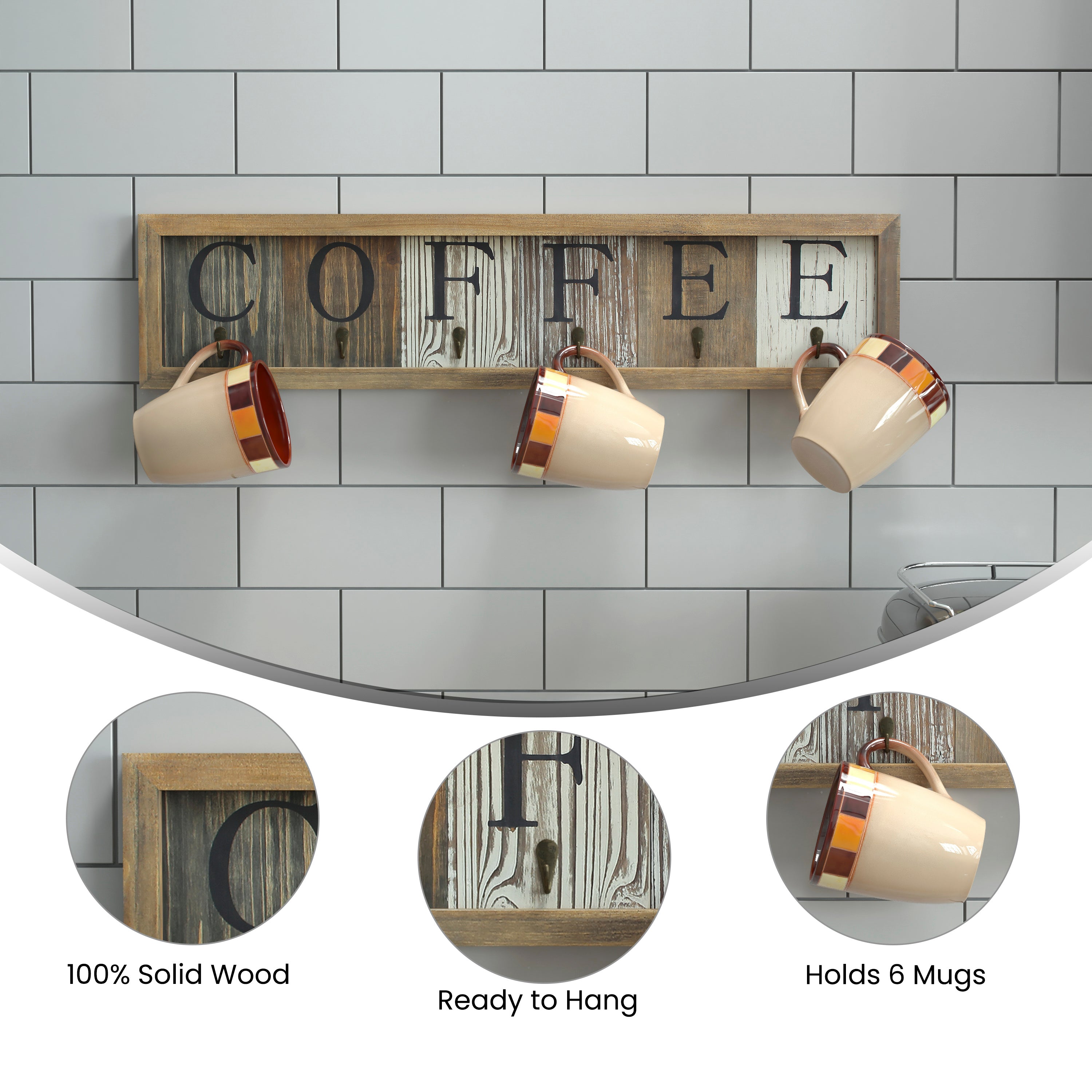Folston Wooden Wall Mount 6 Cup Distressed Wood Grain Printed COFFEE Mug Organizer with Metal Hanging Hooks, No Assembly Required