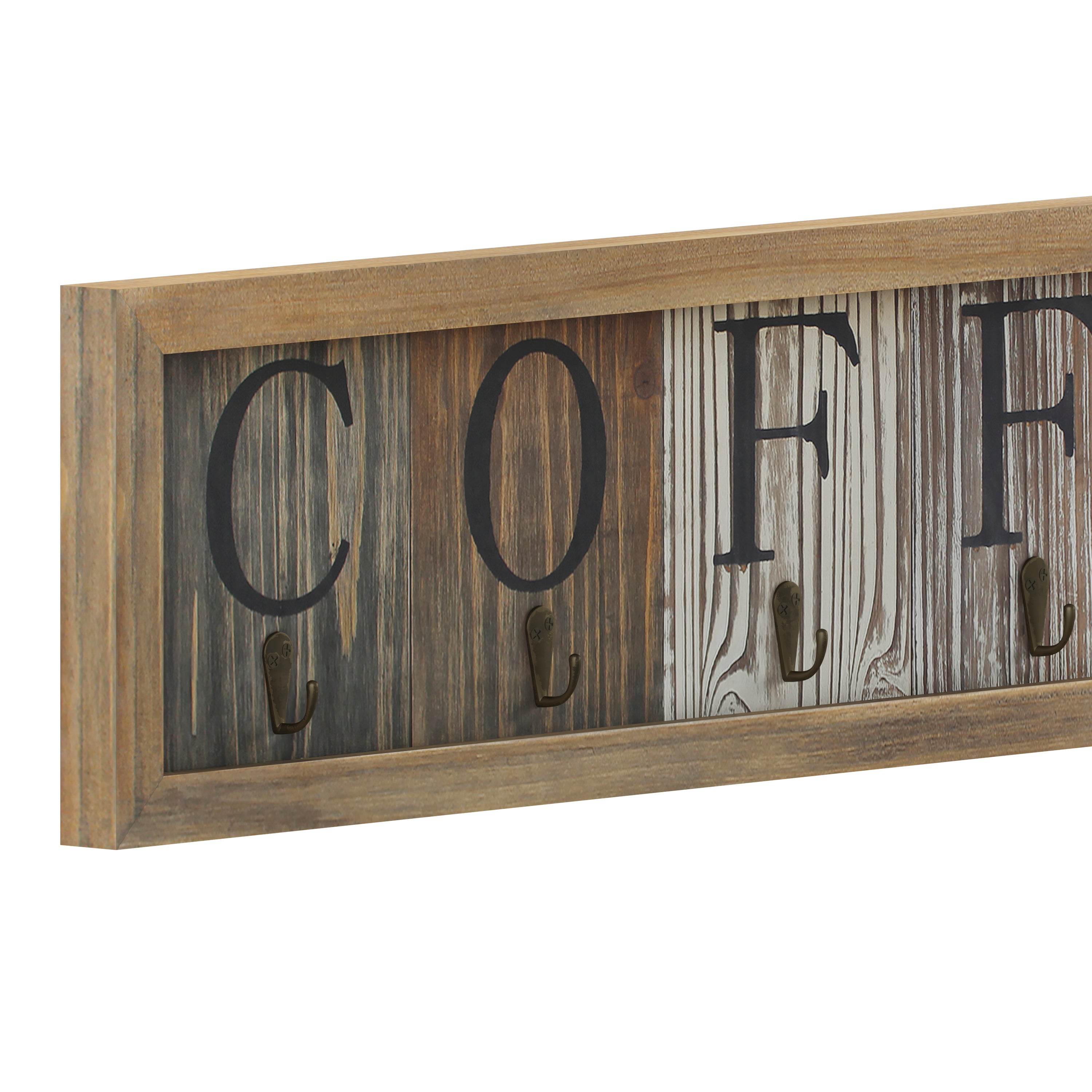 Folston Wooden Wall Mount 6 Cup Distressed Wood Grain Printed COFFEE Mug Organizer with Metal Hanging Hooks, No Assembly Required