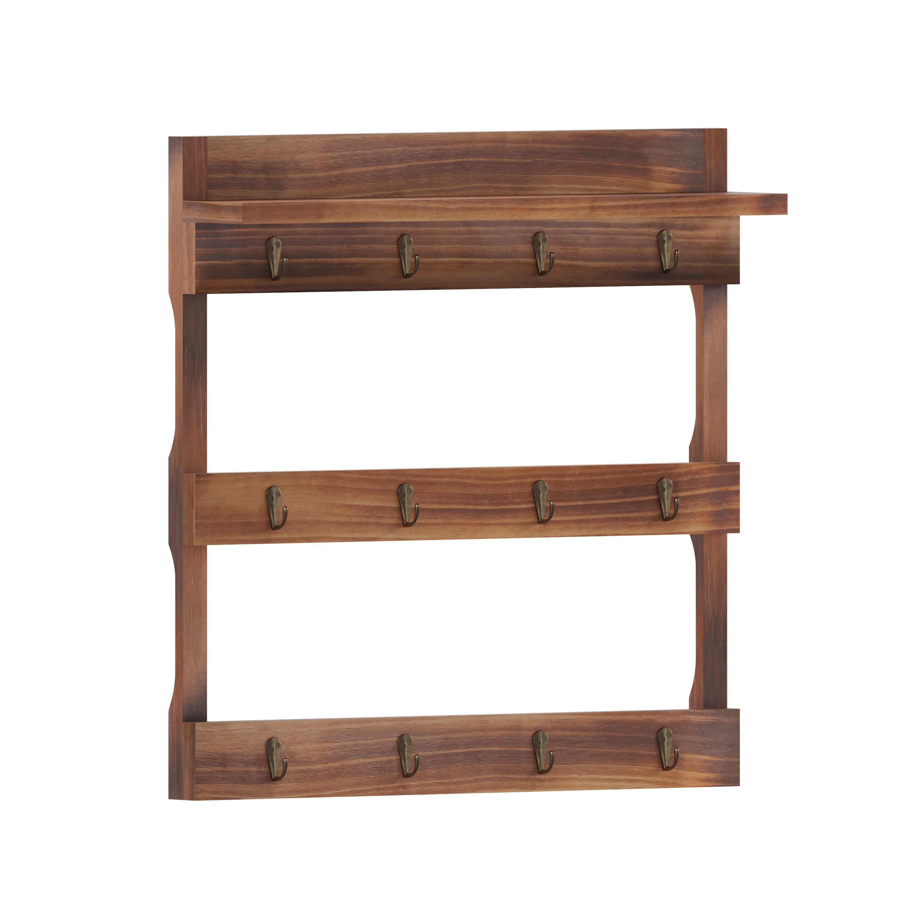 Campbell Wooden Wall Mount 12 Cup Mug Rack Organizer with Upper Storage Shelf and Metal Hanging Hooks with No Assembly Required,  Rustic Brown
